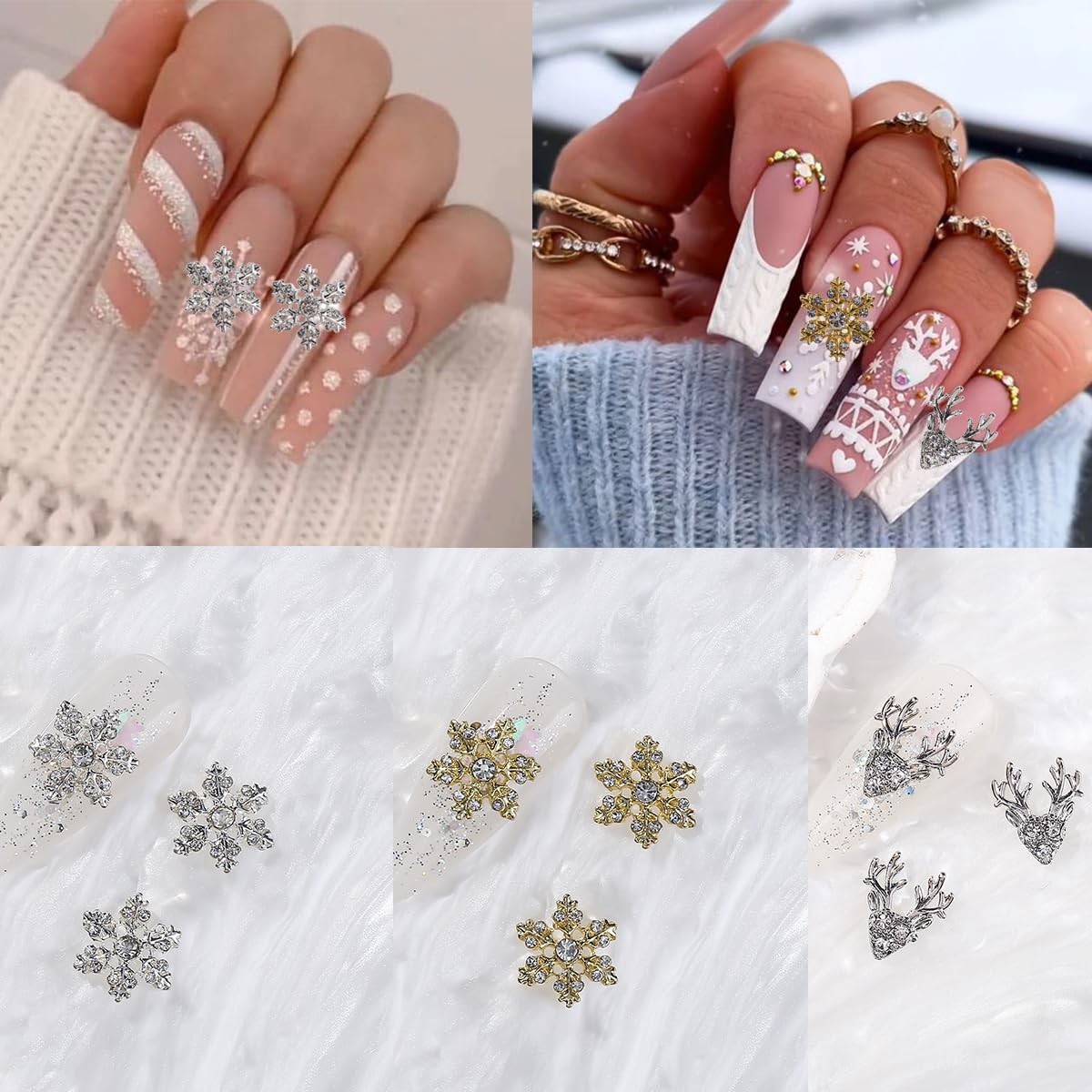 Christmas Nail Art Charms- 12Pcs Gold Silver Elk Snowflake Nail Charms D Alloy Shiny Designs Snow Elk Nail Gems with Rhinestones Winter Christmas Charms for Acrylic Nails Women DIY Manicure Supplies