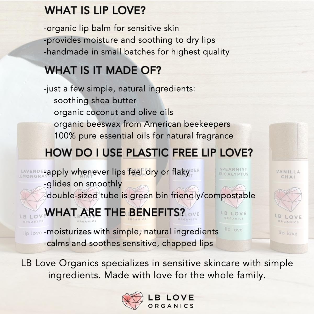 LB Love Organics Plastic Free Lip Love | Jumbo Organic Lip Balm | Organic Beeswax and Plant Based | Zero Waste Natural Lip Balm (Vanilla Chai)