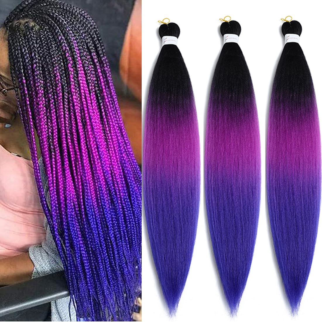 Pre Stretched Braiding Hair Long Braiding Hair Extensions 30 Inch 3 Packs High Temperature Synthetic Fiber Crochet Twist Braids Hot Water Setting(30inch,Black-Purple Red-Sapphire Blue)