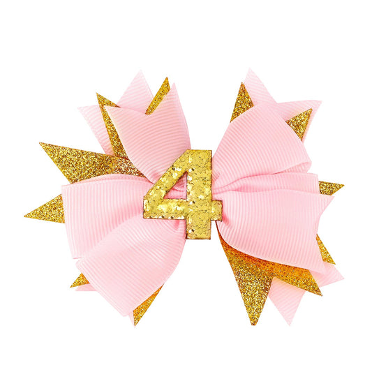 Vovii Sprinkle Birthday Hair Bow for 4th Birthday Decorations Girl, Glitter Pink Baby Bow Party Decorations for 4 Year Old Girl Birthday Decorations, Happy 4th Birthday Decorations for Girls Hair