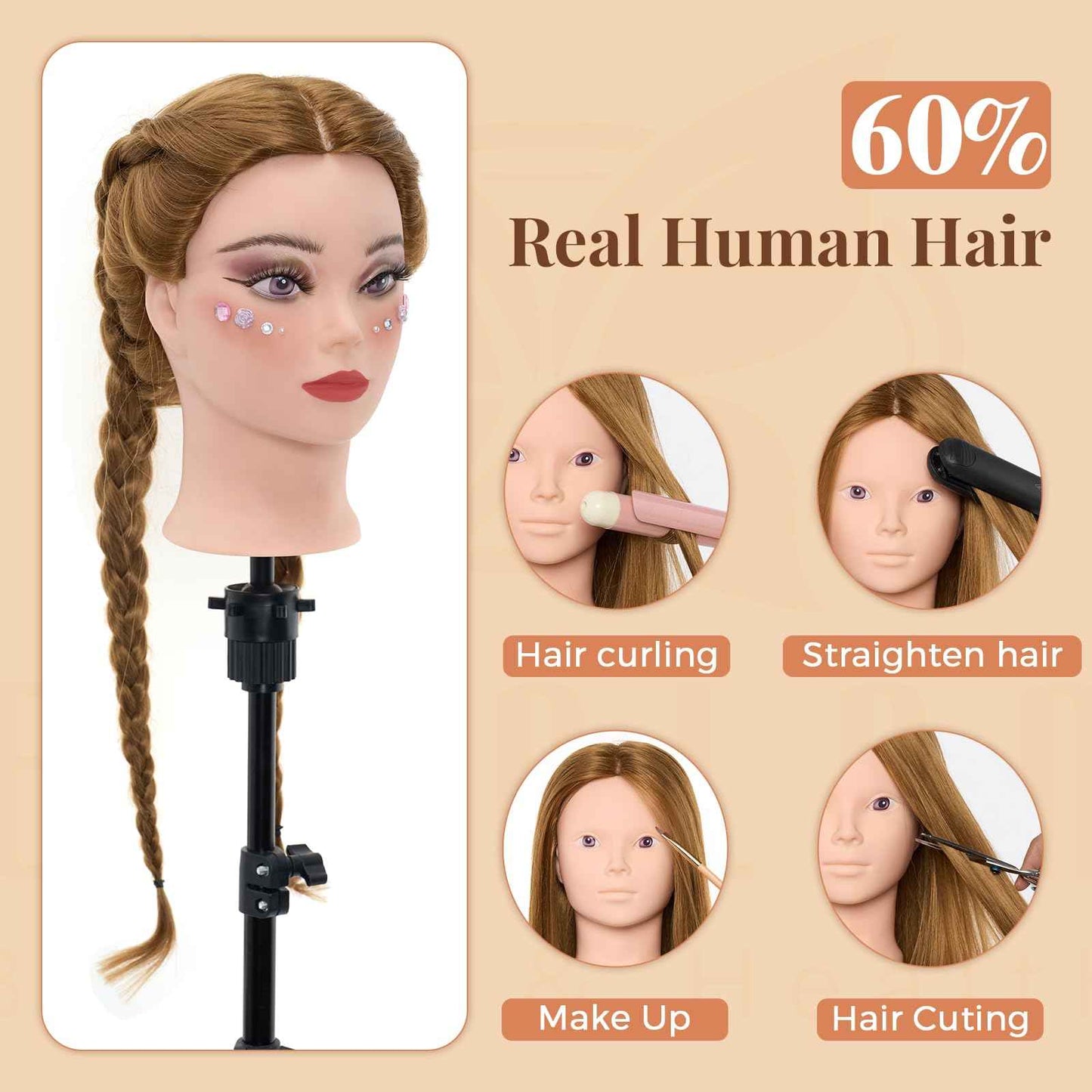 Mannequin Head with 80% Real Human Hair, 28“ Make up Cosmetology Manikin Practice Head with Hair,Braiding Hairdressing Doll Head with Table Clamp + DIY Hair Styling Set Suitable for Hair Extensions