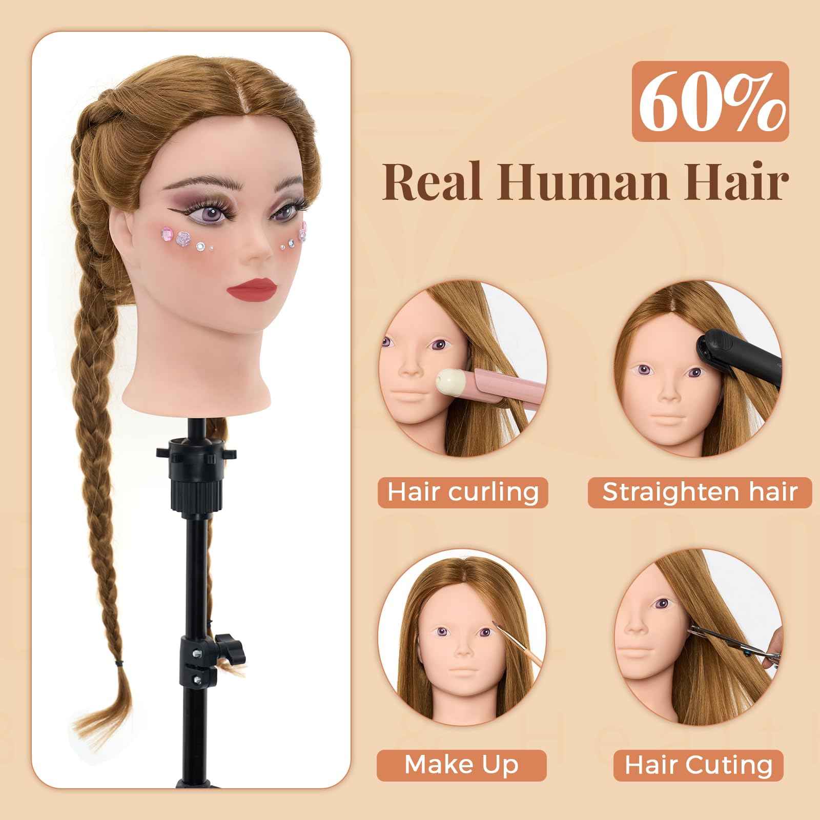 Mannequin Head with 80% Real Human Hair, 28“ Make up Cosmetology Manikin Practice Head with Hair,Braiding Hairdressing Doll Head with Table Clamp + DIY Hair Styling Set Suitable for Hair Extensions