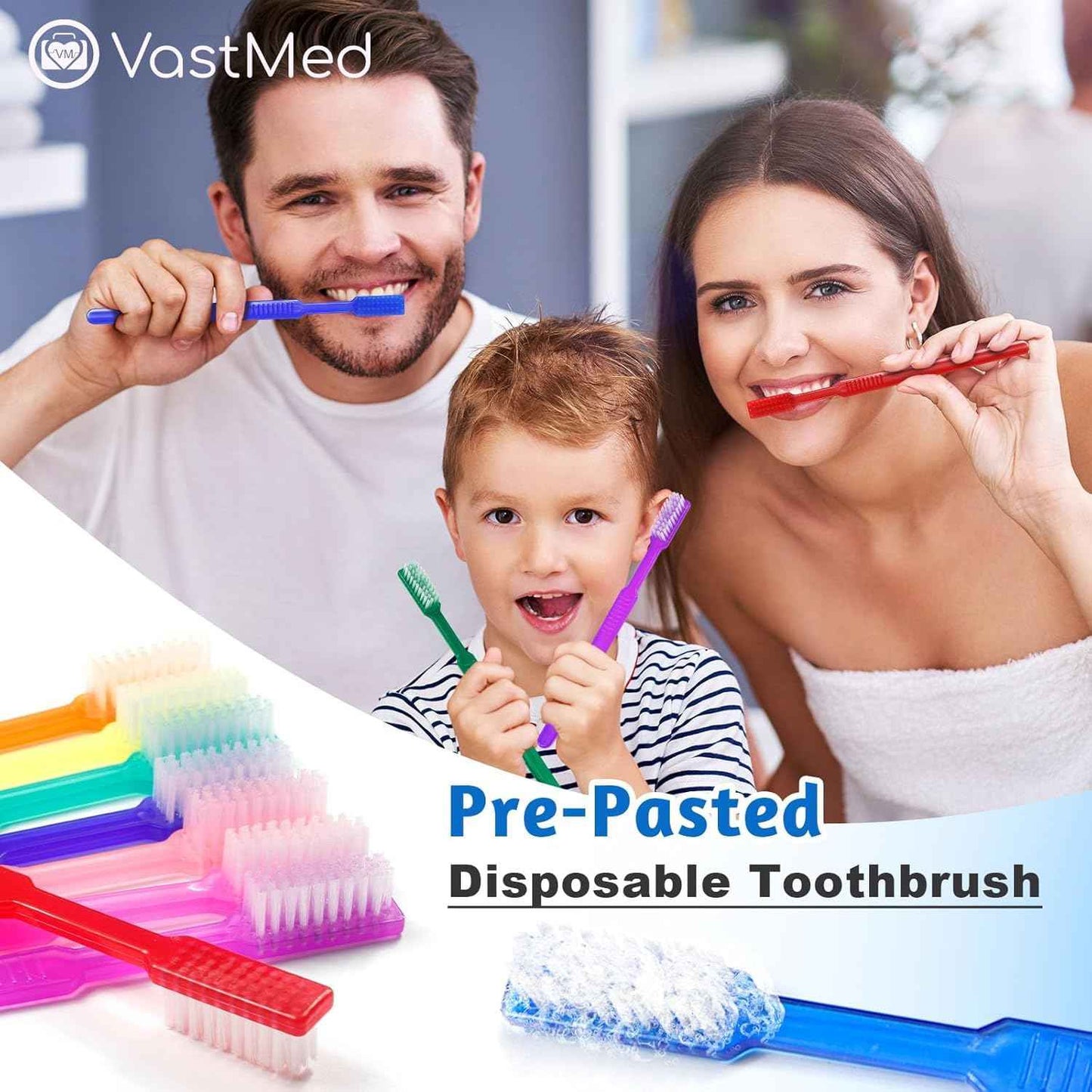 VASTMED 100 Pcs Disposable Pre-Pasted Toothbrushes Individually Wrapped Pre Pasted Toothbrush | Single Use Waterless Tooth Brush for Hotel, Camping, Homeless Gift | Multi Color