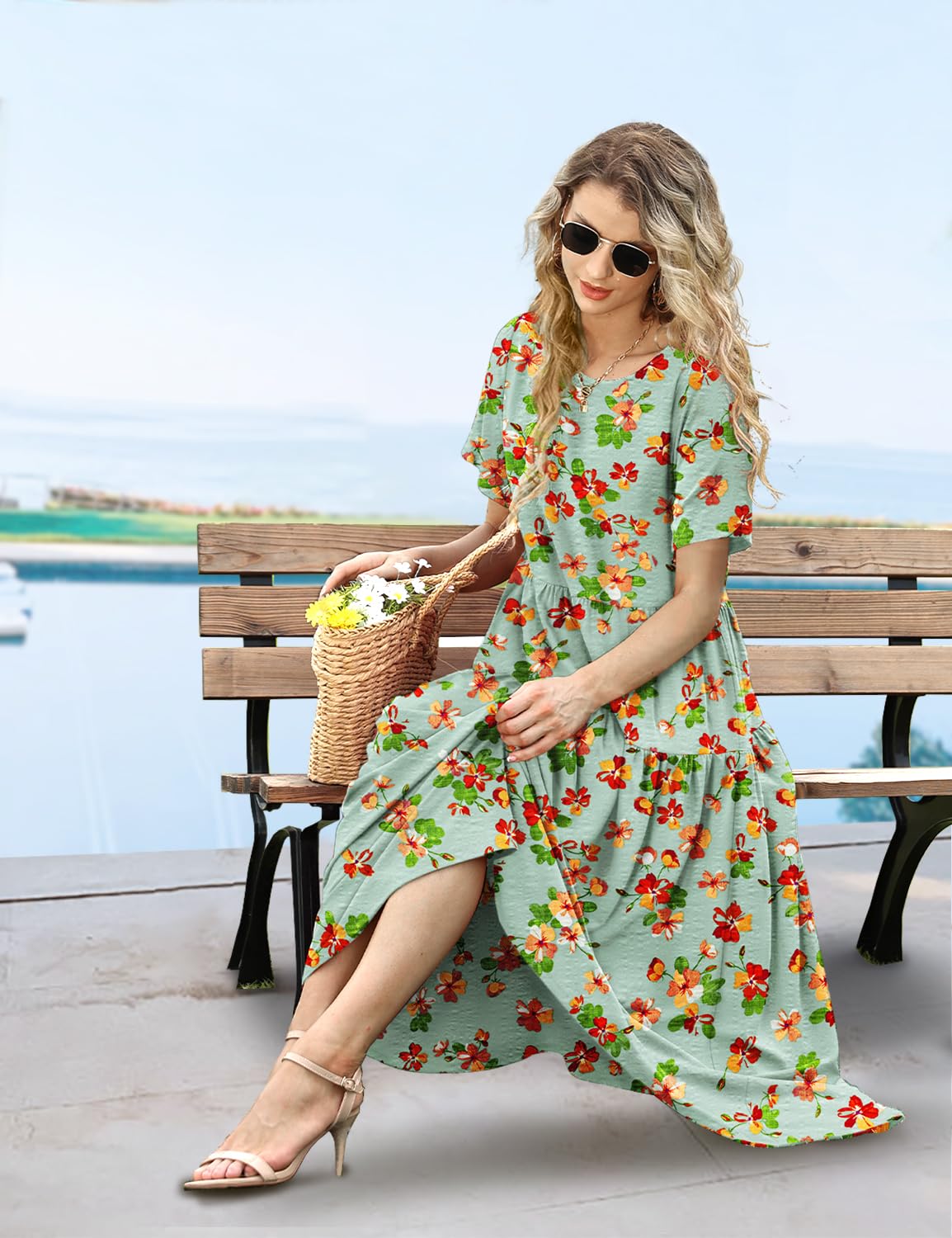 YESNO Women Casual Loose Bohemian Floral Dress with Pockets Short Sleeve Long Maxi Summer Beach Swing Dress S EJF CR413