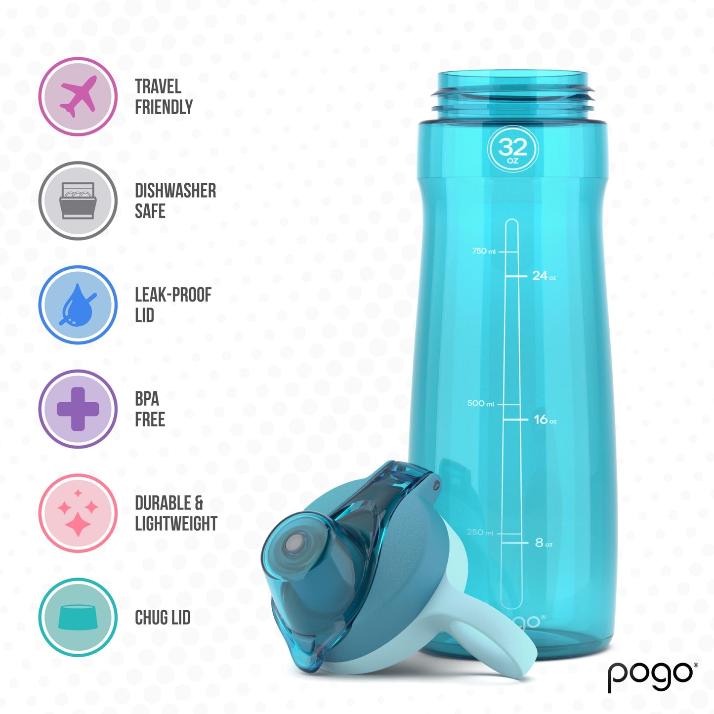 Pogo BPA-Free Plastic Water Bottle with Chug Lid, Blue Atoll, 32 oz.