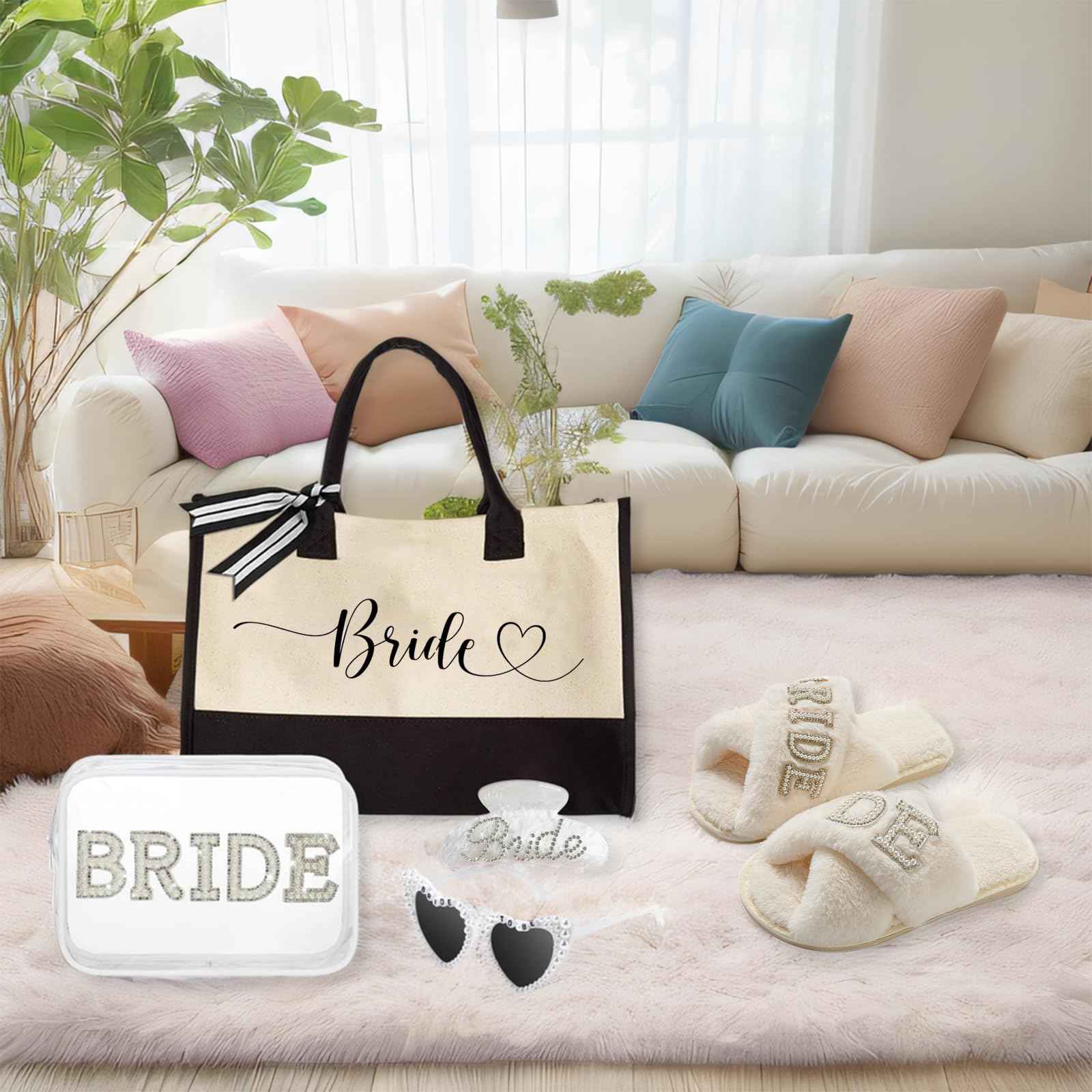 Ldmfcpa 5Pcs Bridal Shower Gifts Set with Bride Bag Cosmetic Bag Sunglasses Slippers Hair Clip, Suitable for Bridal Shower, Weddings, Bachelorette Gifts for Bride, Bride Gift Set