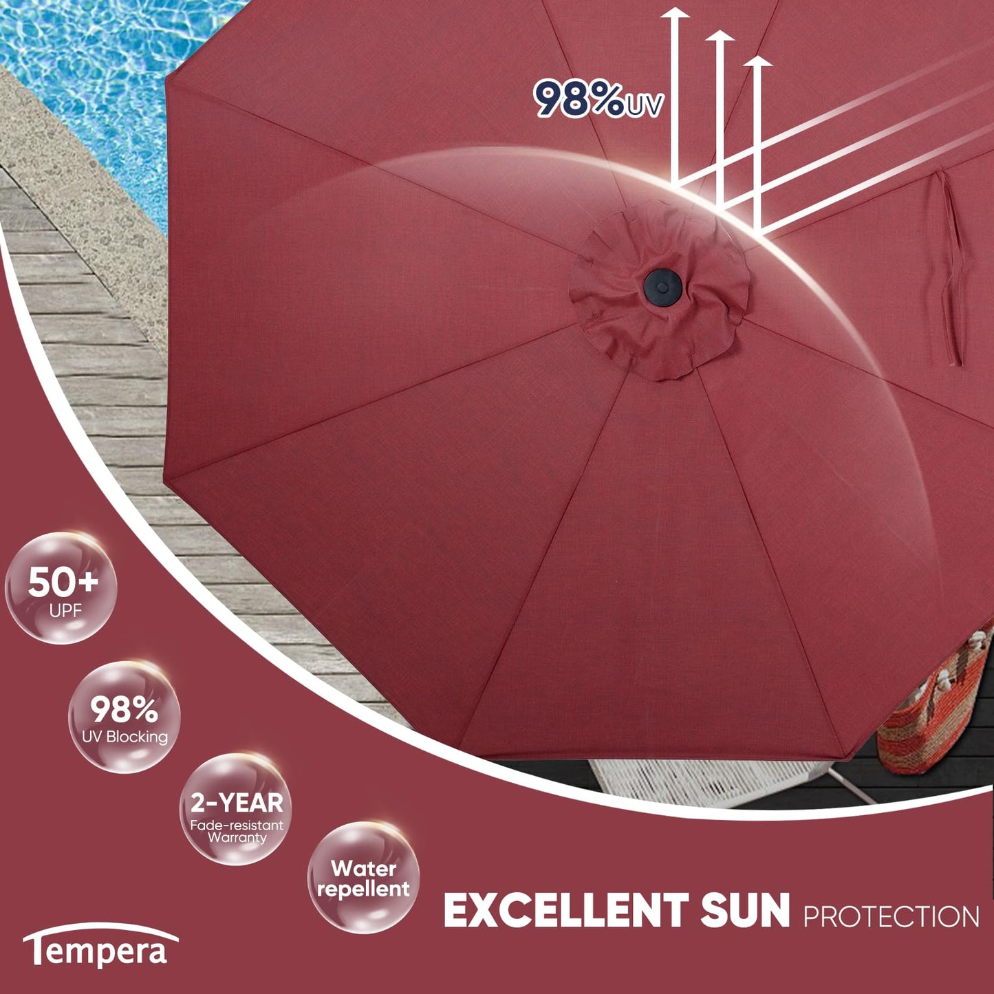 Tempera 9ft Patio Market Outdoor Table Umbrella with Push Button Tilt and Crank,Large Sun Umbrella with Sturdy Pole&Fade resistant canopy,Easy to set, Red