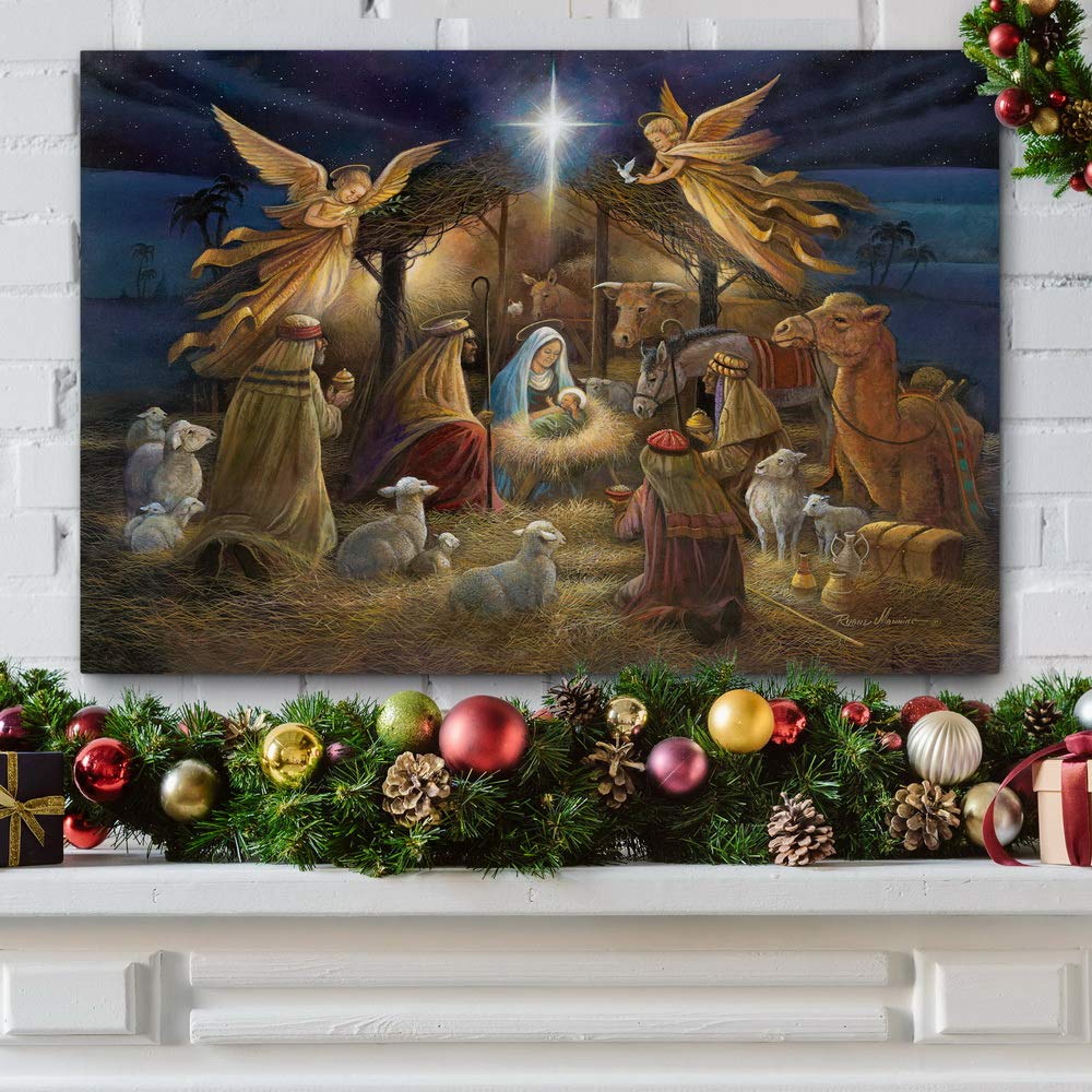 Renditions Gallery Nativity Scene Wall Art, Christ in a Manger, Jesus Christ, Mary, & Joseph, Religious Christmas Scene, Gallery Wrapped Canvas Decor, Ready to Hang, 18 in H x 27 in W, Made in America