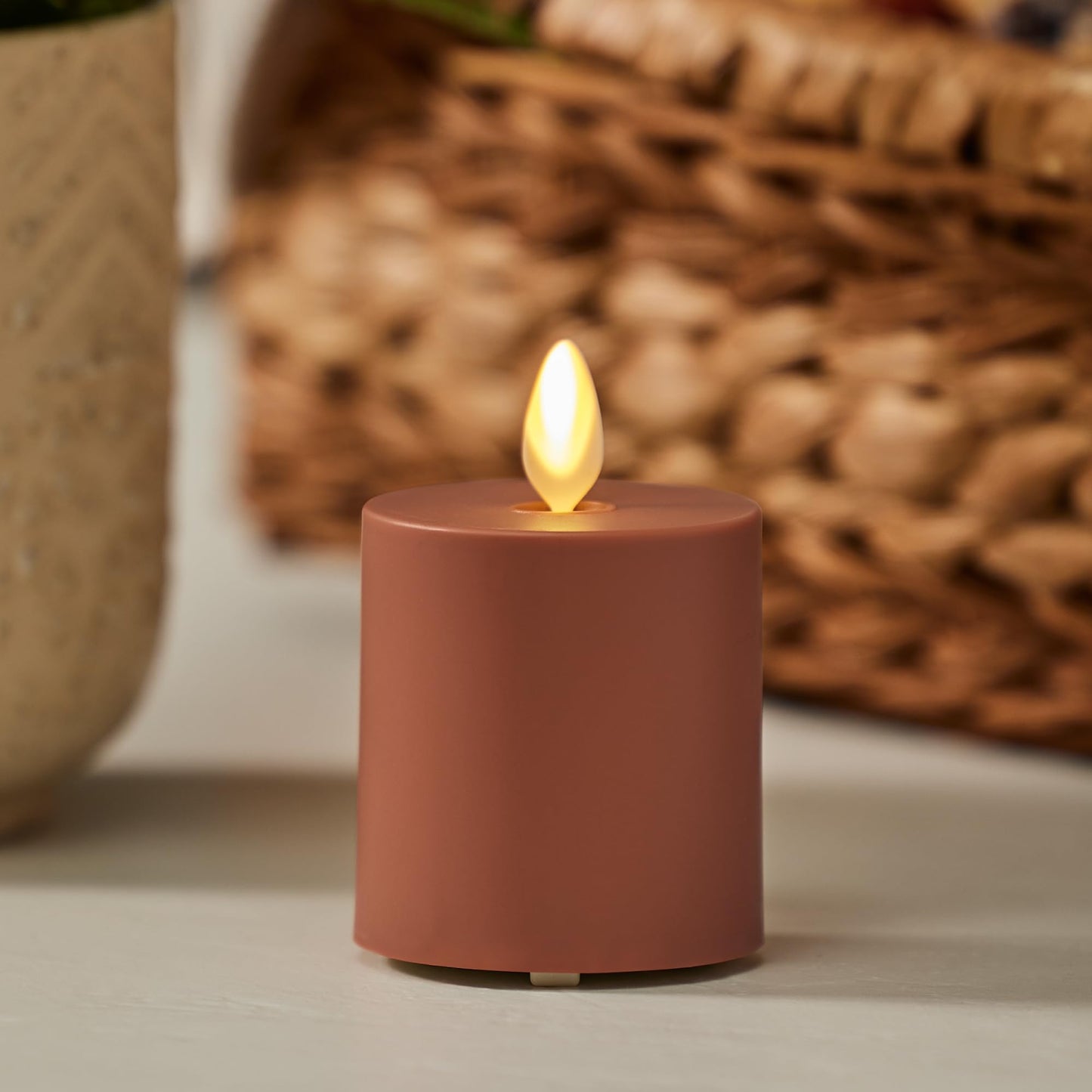 Luminara Baked Clay Outdoor Moving Flame Votive Realistic LED Candle (2"x3.2"), IPX4 Flat Smooth Matte Plastic Finish, Battery Operated (2 AAA) Timer