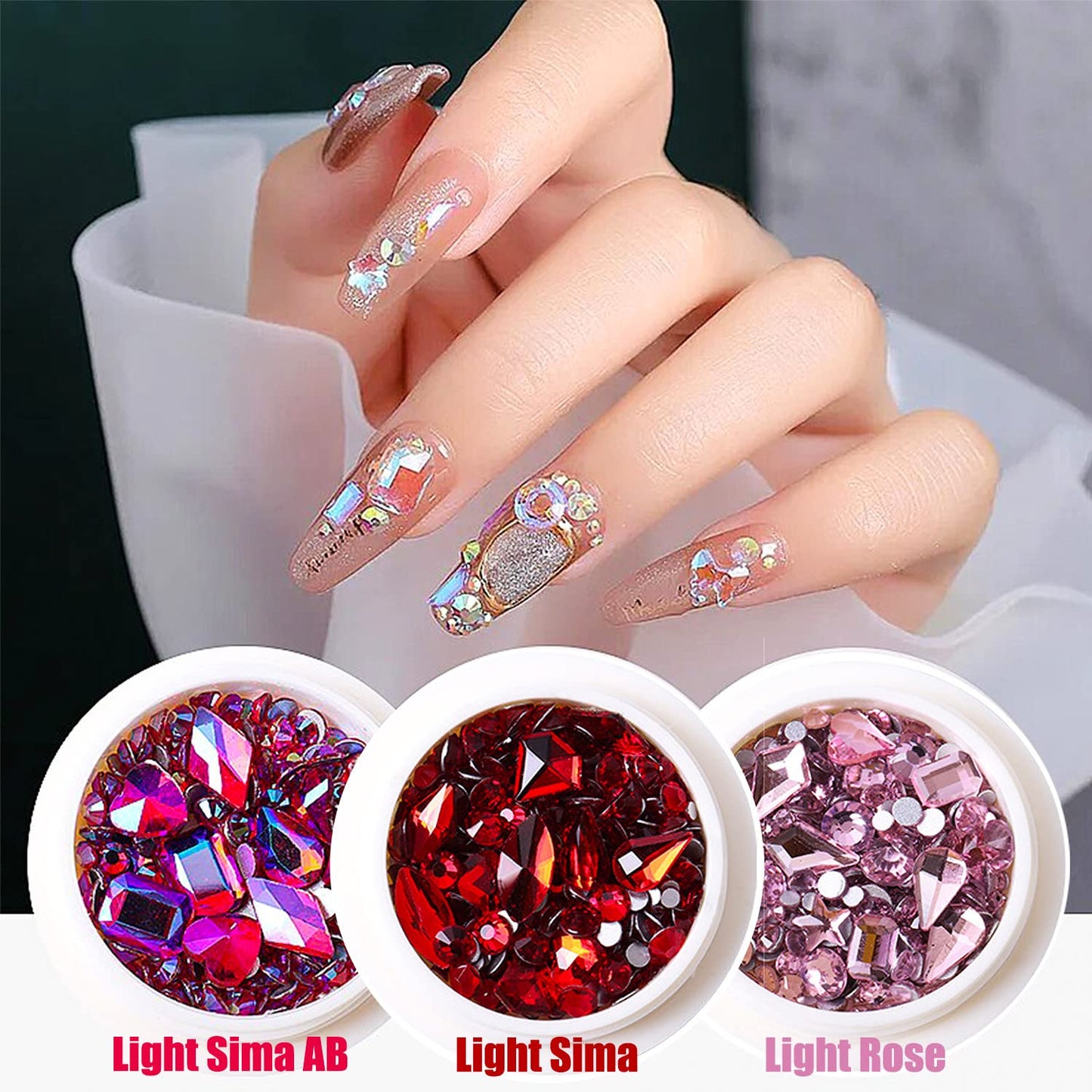 JERCLITY 8 Boxes Green Blue Gold Rose AB Lake Blue Montana Red Pink Nail Rhinestones for Nails Multi Shaped Sized Nail Crystals Gems Stones Rhinestones for Nail DIY Crafts Clothes Shoes Jewelry