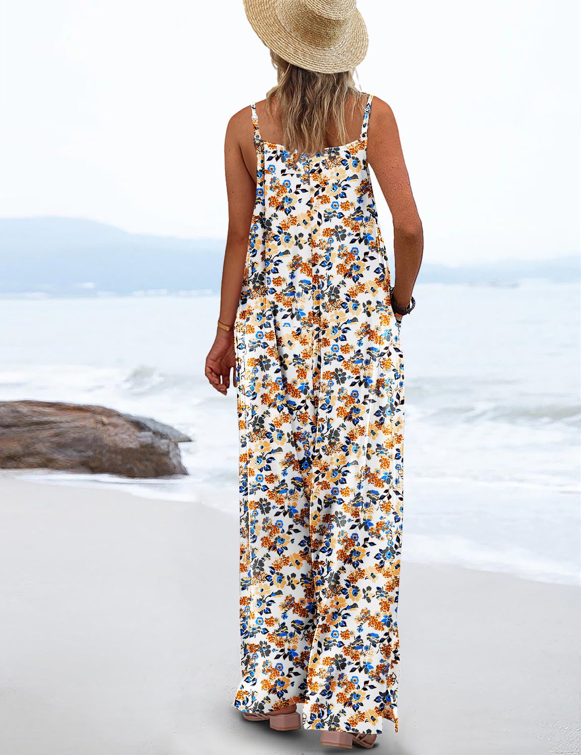 YESNO Women's Summer Boho Casual Jumpsuits Wide Leg Overalls Floral Print Baggy Rompers with Pockets XS PZZCR 377