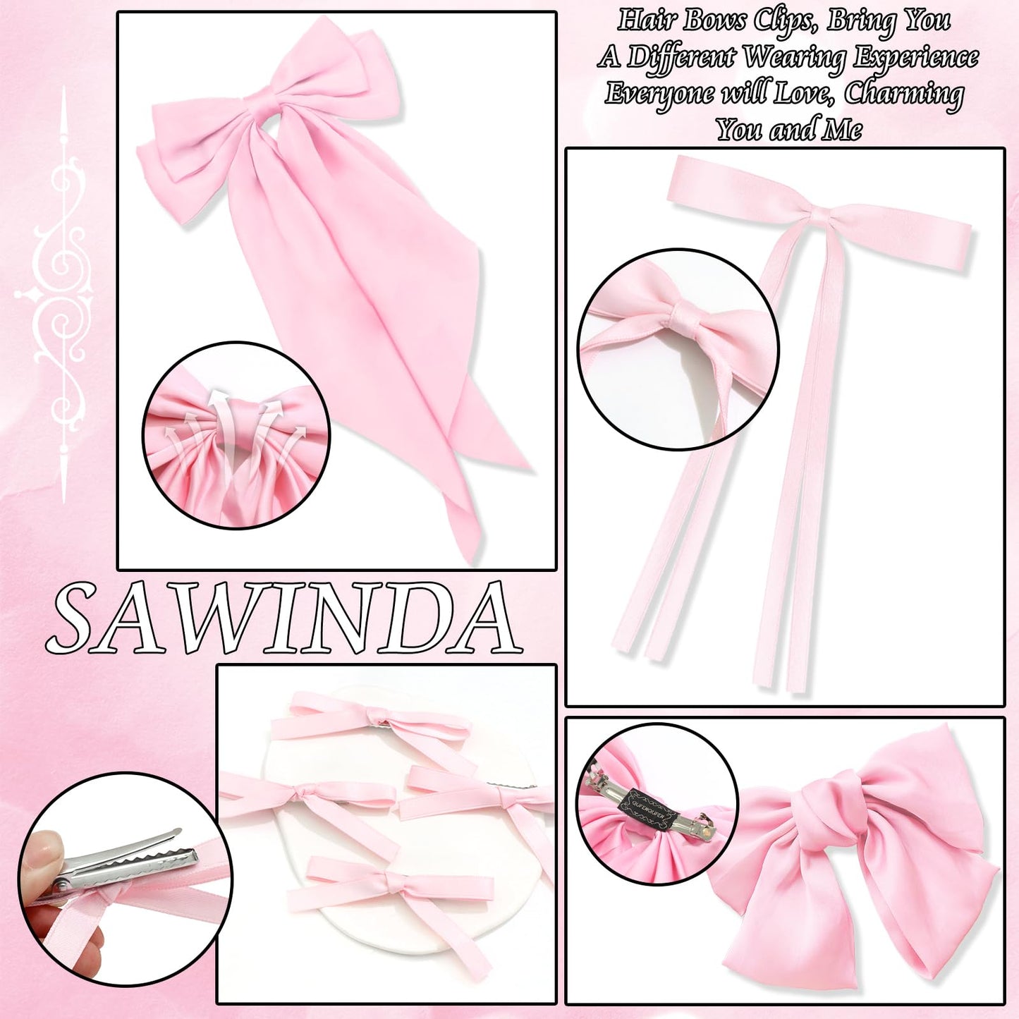 SAWINDA 7PCS Pink Hair Bows for Women Girls Hot Pink Silky Satin Hair Bows with Long Tail Alligator Hair Clips Satin Bows Hair Clips Hair Bow Hair Ribbon Accessories Birthday Gift