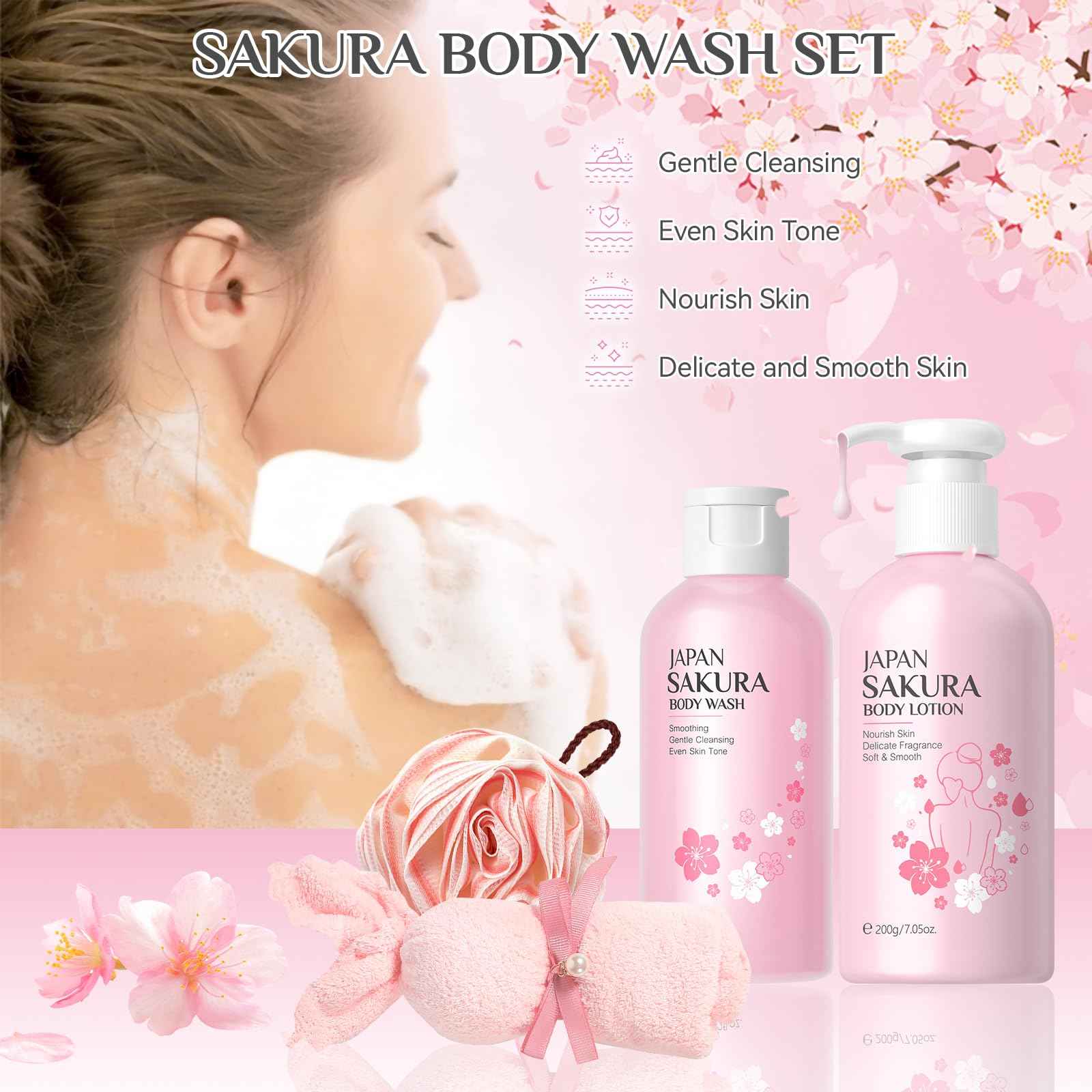 9Pcs Bath and Body Gift Set for Women & Girls, Cherry Blossom Bath and Body Gift Set with Body Wash, Lotion, Soap, Bath Bomb, Scrub, Hand Cream & Lip Mask, Home Spa Gift Set for Women Christmas Gifts