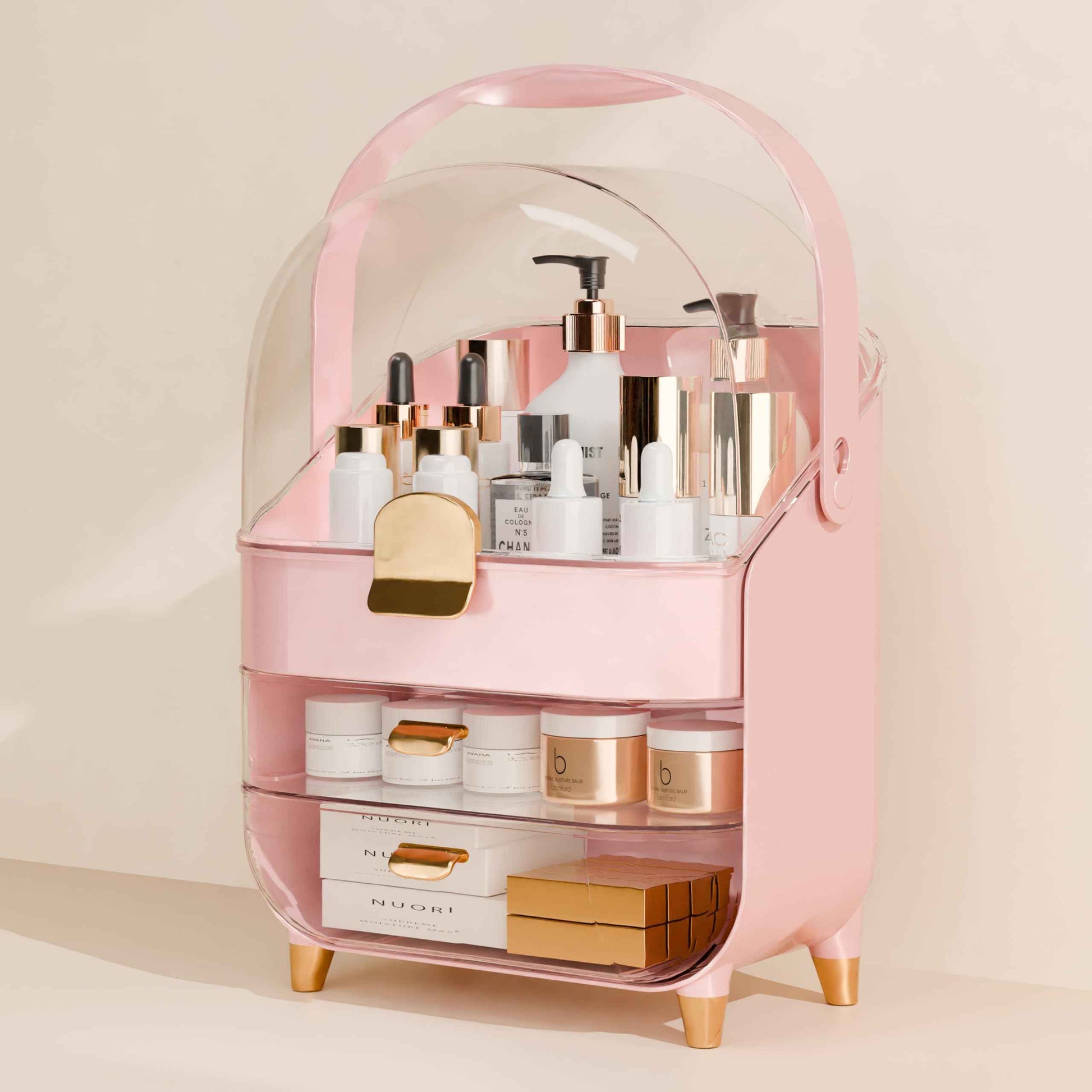 Makeup Organizer Countertop With Lid And Drawers Large Skin Care Cosmetic Display Case Holder for Vanity Desk Bathroom Storage Box,Pink