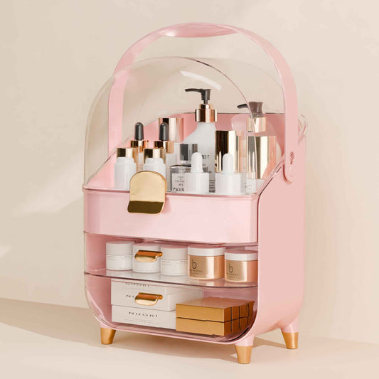 Makeup Organizer Countertop With Lid And Drawers Large Skin Care Cosmetic Display Case Holder for Vanity Desk Bathroom Storage Box,Pink