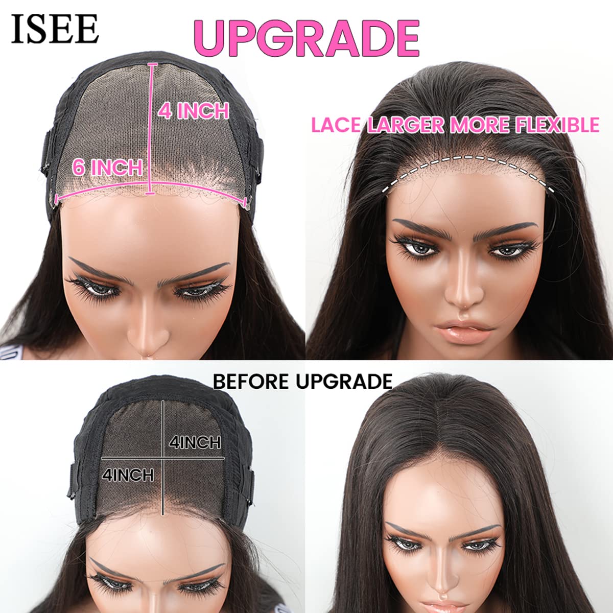 ISEE HAIR HD Lace Front Wig Wear & Go Glueless Lace Wig Brazilian Straight Lace Wigs For Women No Glue 4x6 Lace Pre Cut Wig Human Hair Wigs Transparent Lace Closure Wigs 180% Density 24 Inch