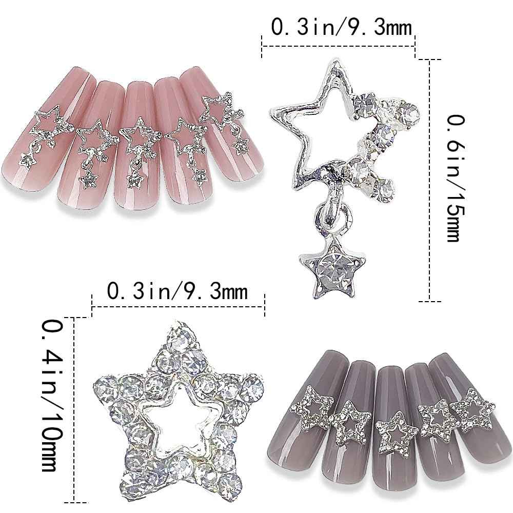 20 Pcs Star Nail Charms for Acrylic Nails, 3D Silver Stars Nail Rhinestones Nail Gems Jewels Pentagram, Shiny Crystal Star Nail Art Charms, 3D Nail Art Supplies, Nail Gems for Nails Designs
