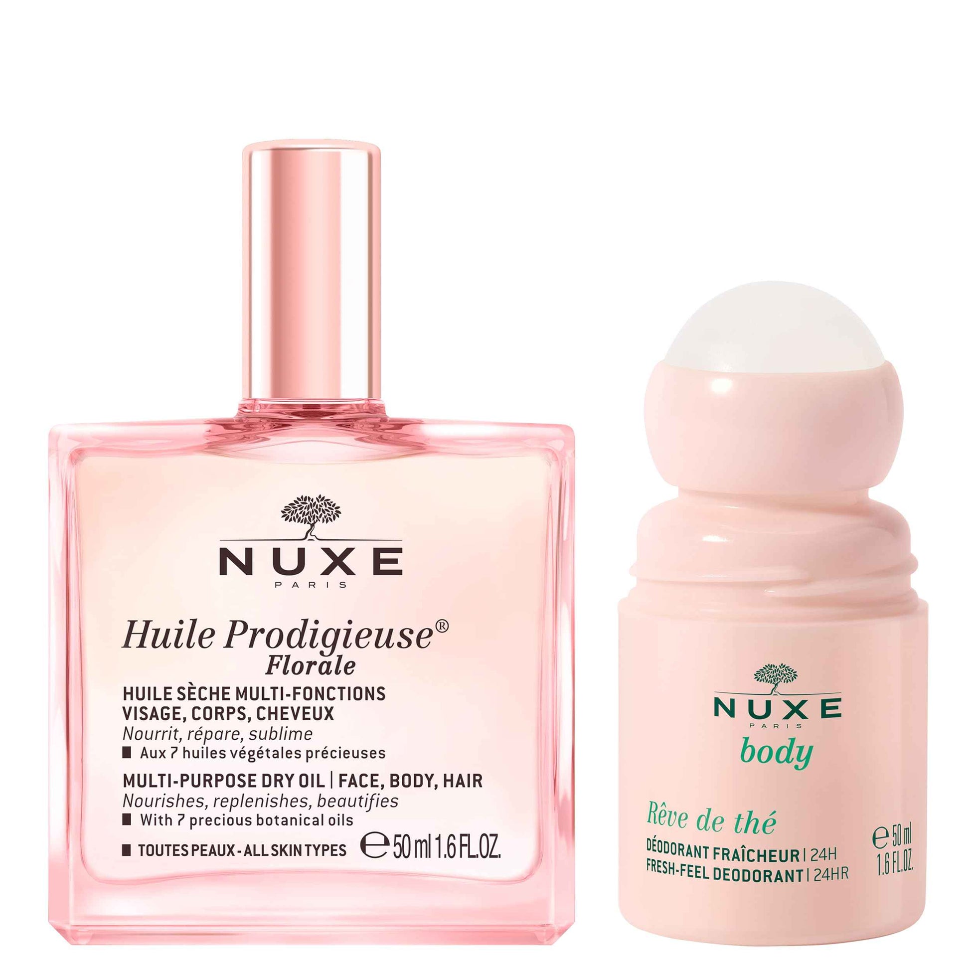 NUXE Huile Prodigieuse Floral (1.6 Fl Oz) & Rêve de Thé Aluminum-Free Deodorant (1.6 Fl Oz), Skincare Duo for Radiant Skin & 24-Hour Freshness