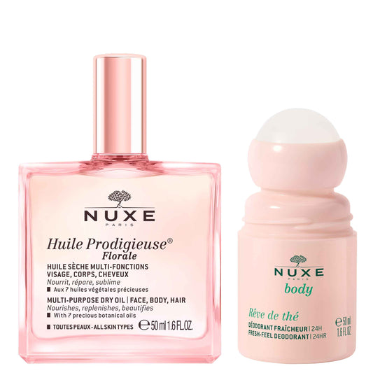 NUXE Huile Prodigieuse Floral (1.6 Fl Oz) & Rêve de Thé Aluminum-Free Deodorant (1.6 Fl Oz), Skincare Duo for Radiant Skin & 24-Hour Freshness
