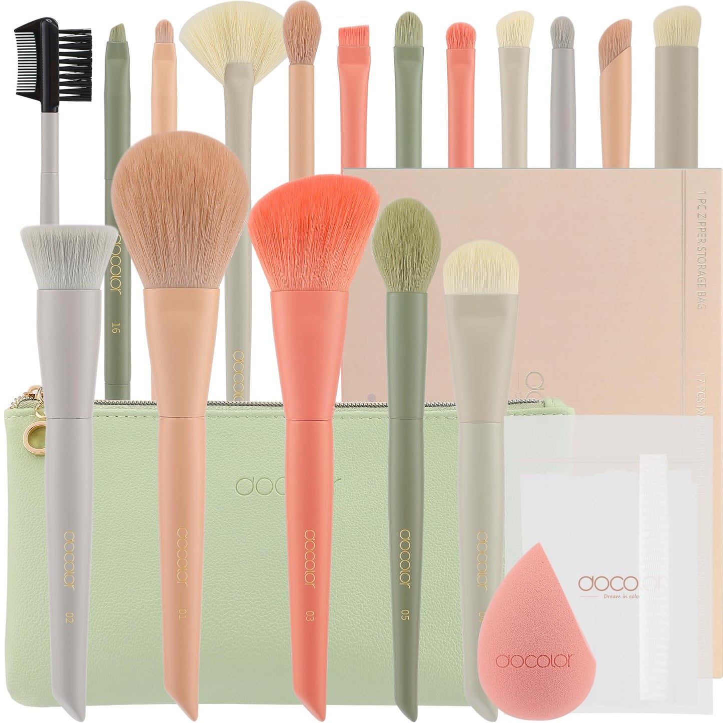 Docolor Makeup Brushes Set 17Pcs Morandi Makeup Brushes with Makeup Bag and Makeup Sponge and Brush Protector Professional Face Powder Foundation Eye Shadow Concealers Brush Kit Gift Box