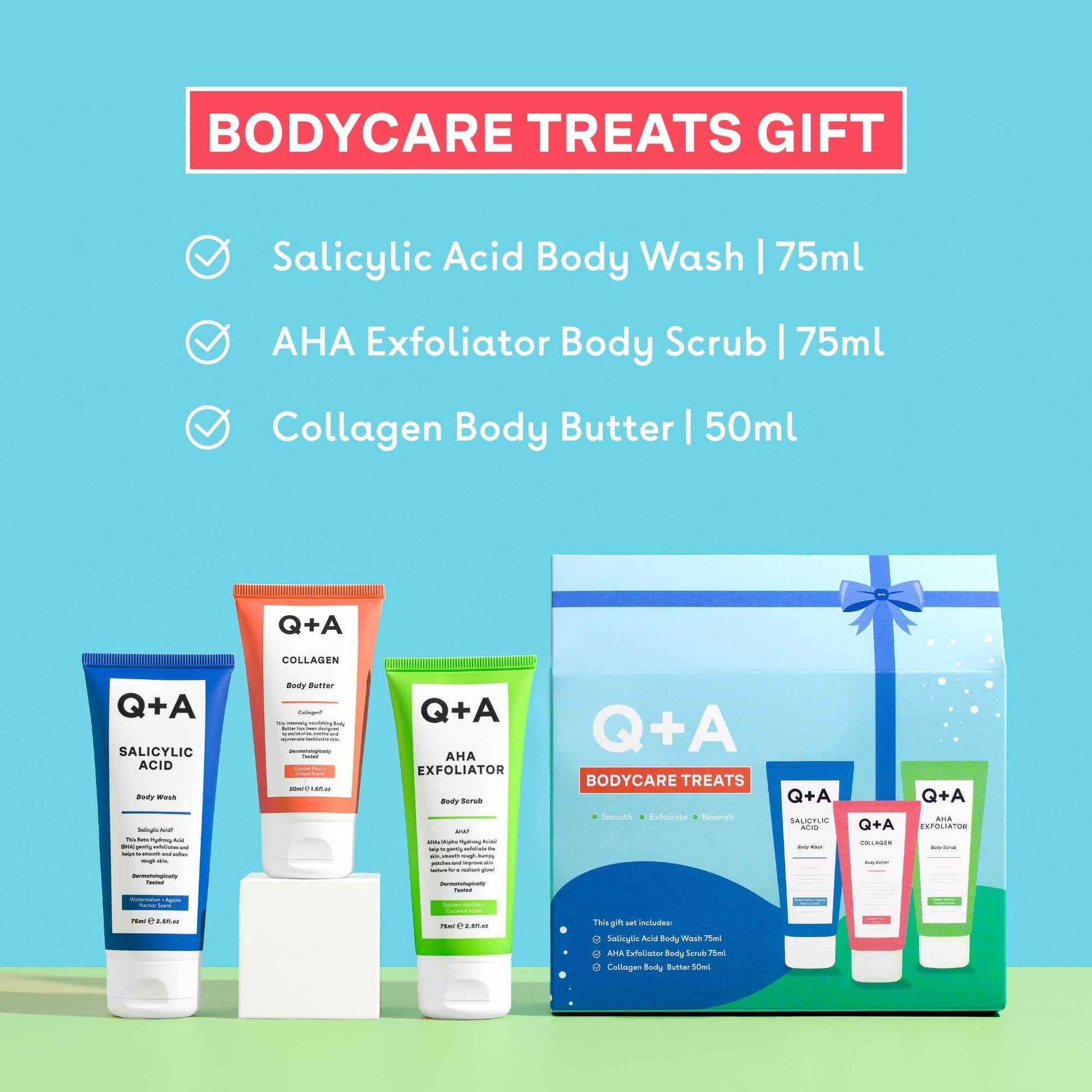 Q+A Bodycare Treats Gift Set, 3-Step Routine for Smooth, Soft Skin, Salicylic Acid Body Wash (75ml), AHA Body Scrub (75ml) & Collagen Body Butter (50ml), Stocking Stuffers and Travel Size Toiletries