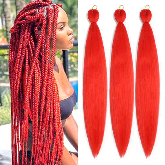 Pre Stretched Braiding Hair 26 Inch Ombre Red Kanekalon Braiding Hair Extensions Hot Water Setting Crochet Box Braids Hair (26 Inch (Pack of 3), Scarlet Red)