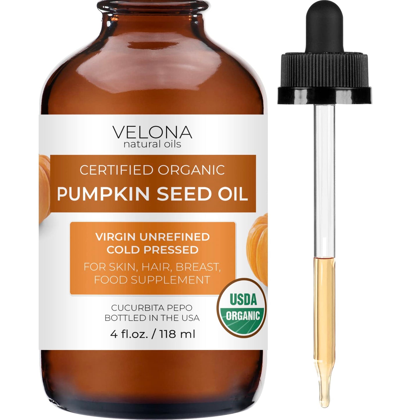 velona Pumpkin Seed Oil USDA Certified Organic - 4 fl oz | 100% Pure and Natural Carrier Oil | Unrefined, Cold Pressed | Cooking, Face, Hair, Body & Skin Care | Use Today - Enjoy Results