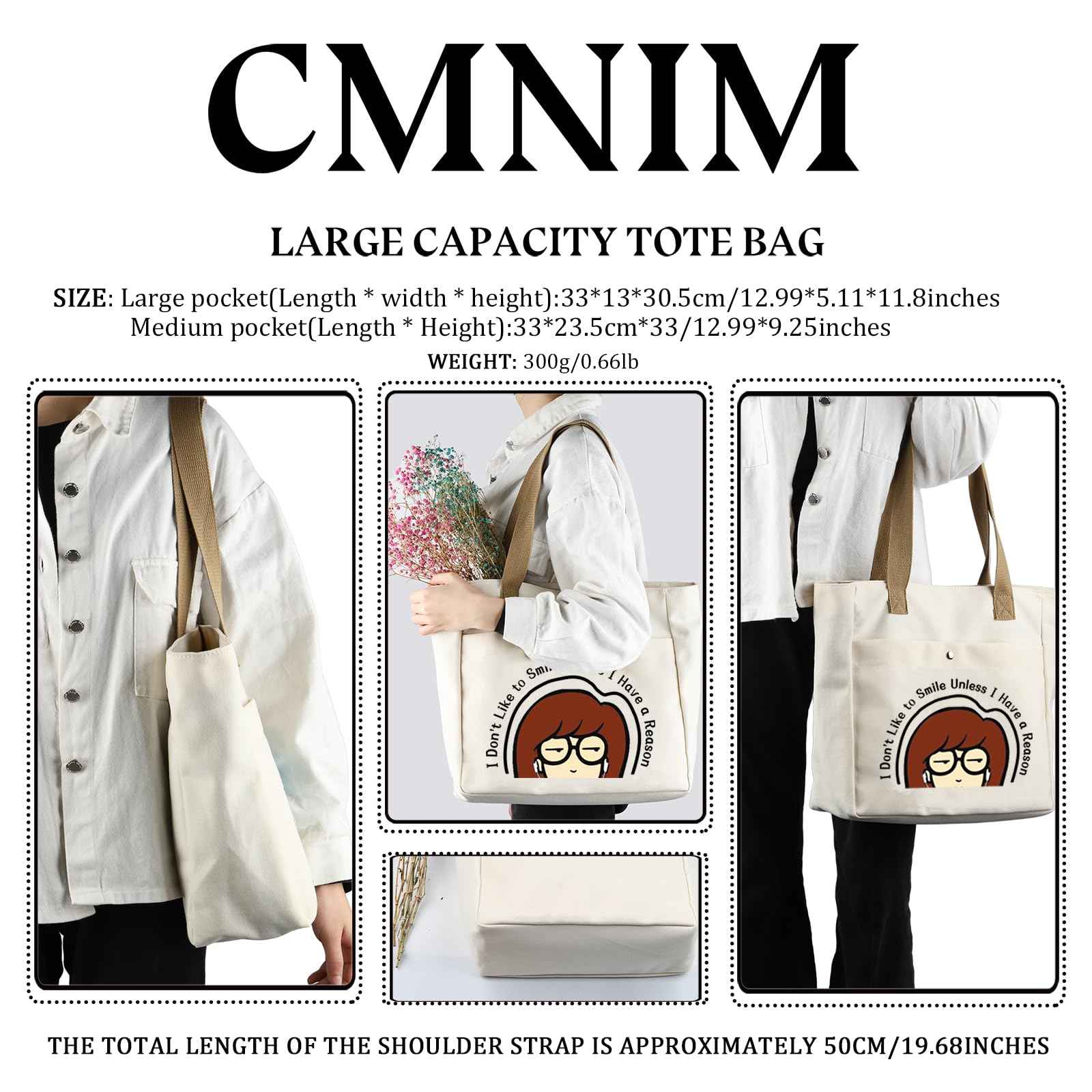 CMNIM Cartoon Merchandise Gift I Don't Like To Smile Unless I Have a Reason Larger Tote Bag 90s TV Show Merch for Fans