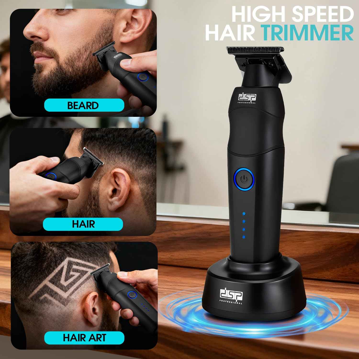 DSP Professional Hair Trimmer for Men, Beard Mustache Cordless Trimmer, Indicator Light with Charge Base, Zinc Alloy Body, Low Noise, Zero Gapped Edgers Trimmer (Black)