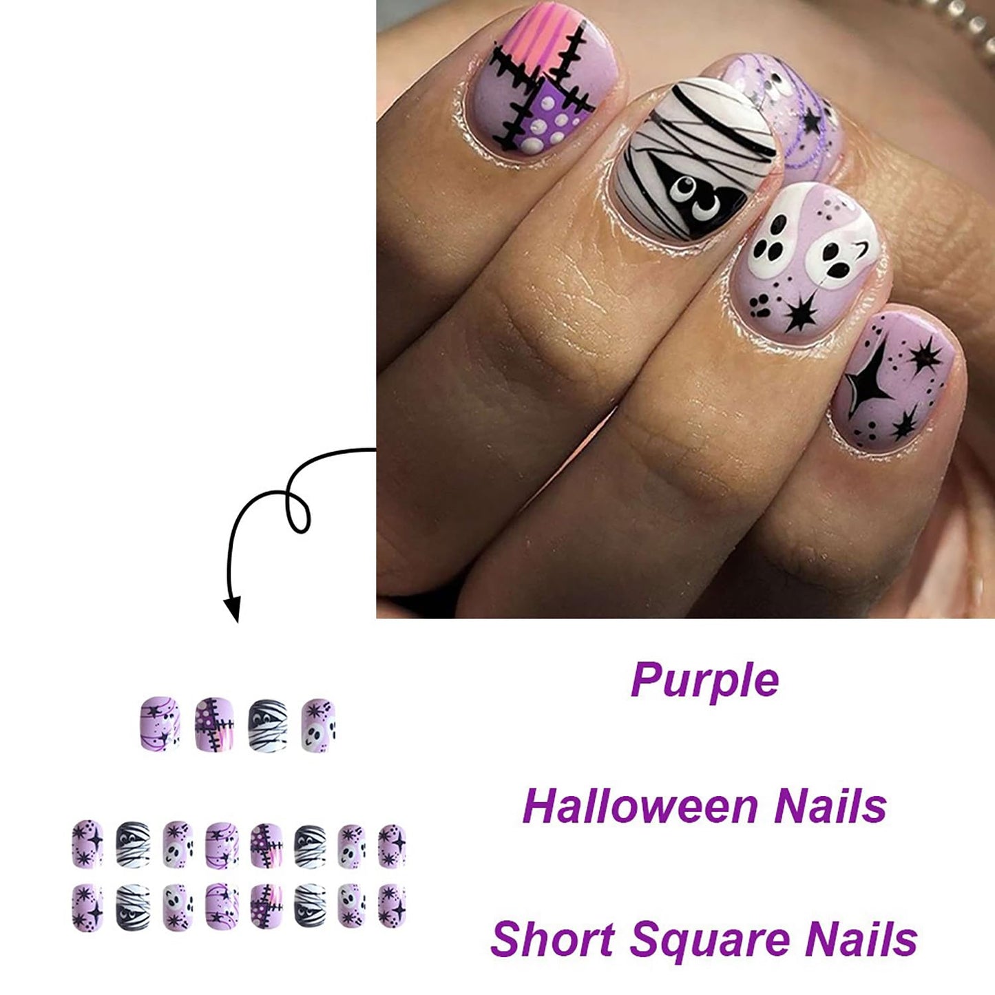 Halloween Press on Nails Short Square Mummy Fake Nails Purple Full Cover Skull Patch False Nails with Stars Designs Glossy Glue on Nails Cute Acrylic Nails Artificial Nails for Women Girls 24Pcs