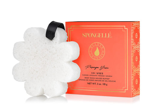 SPONGELLÉ |Boxed Flower Shower Gel Infused Body Buffer| Long-Lasting Body sponges, Offers Elevated Bathing Experience | 14+ Washes | Papaya Yuzu