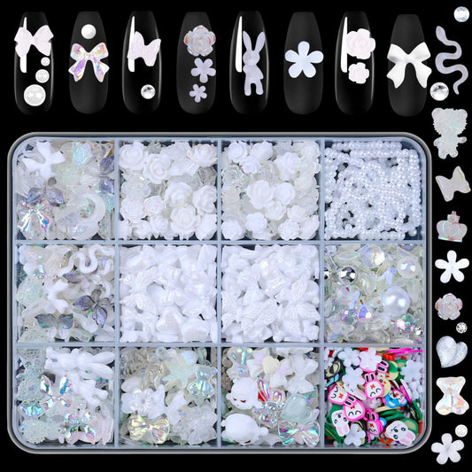 Umillars 400pcs Butterfly Bow Bear Snake Rabbit Moon Heart Rose Flowers Nail Art Charms with 450pcs Special Shape Flatback Rhinestones and Polymer Slices for Nail Art Designs (White)