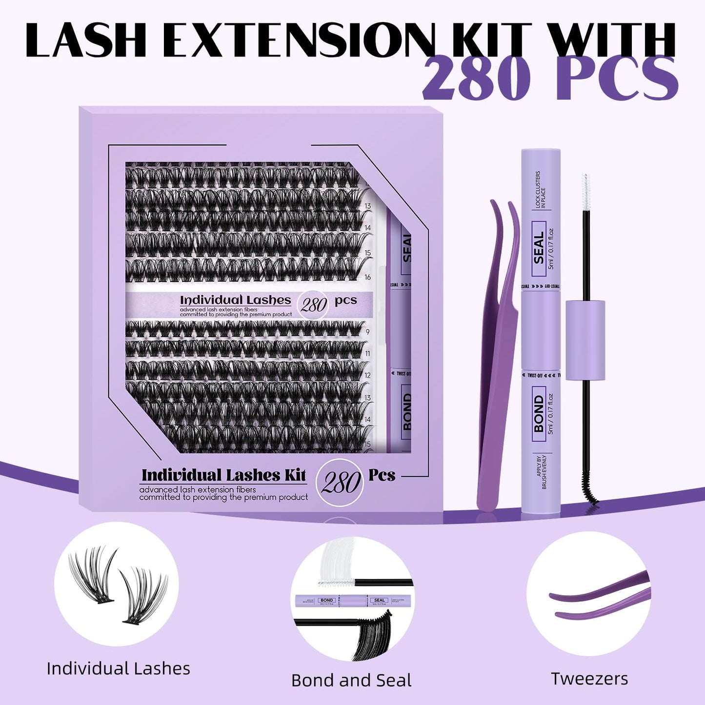 Lash Extension Kit for Beginners 280pcs Eyelash Extension Kit 40D 9-16 Mixed Lash Clusters Kit C Curl Lash Kit with Lash Bond and Seal Individual Lashes Kit DIY (KIT,40D-C-9-16MIX)