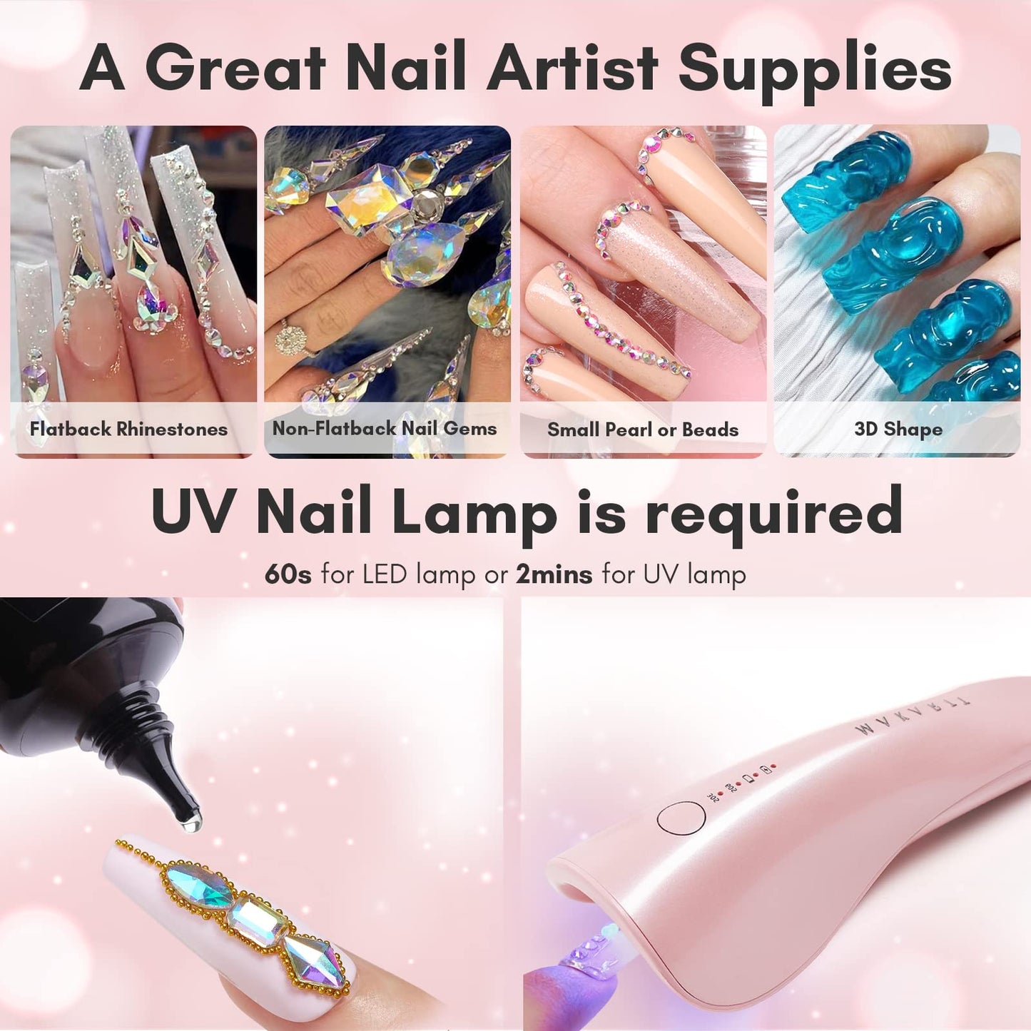 Makartt Nail Rhinestone Glue for Nails, Super Strong Gel Nail Glue for Nail Charm 3D Nails Bling Gel for Nail Decoration Gem Nail Art Jewel Diamonds 30ML Cured Need Beauty Gift