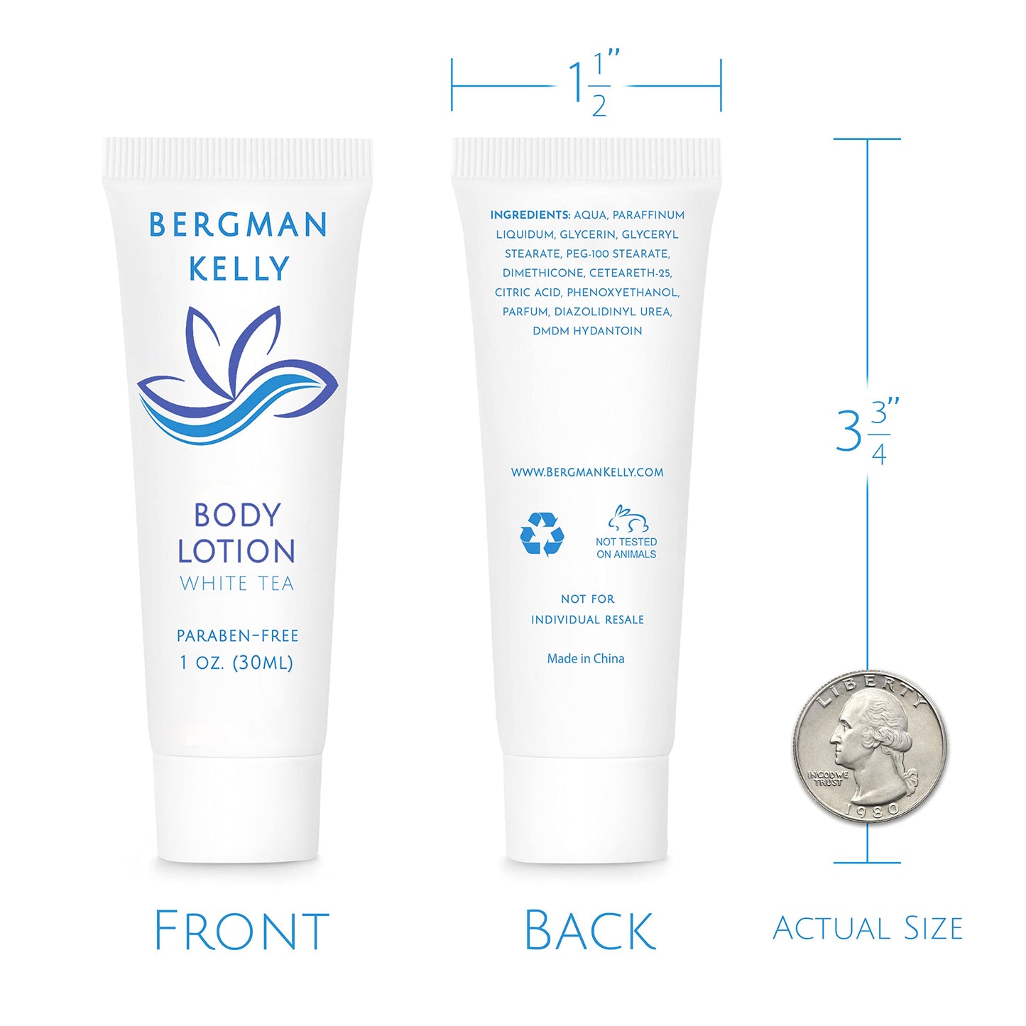 BERGMAN KELLY - Travel Size Lotion - 1 fl oz, 100 PK, White Tea - Delight Your Guests with Invigorating and Refreshing Body Lotion - Quality Mini and Small Size Guest Hotel Toiletries in Bulk