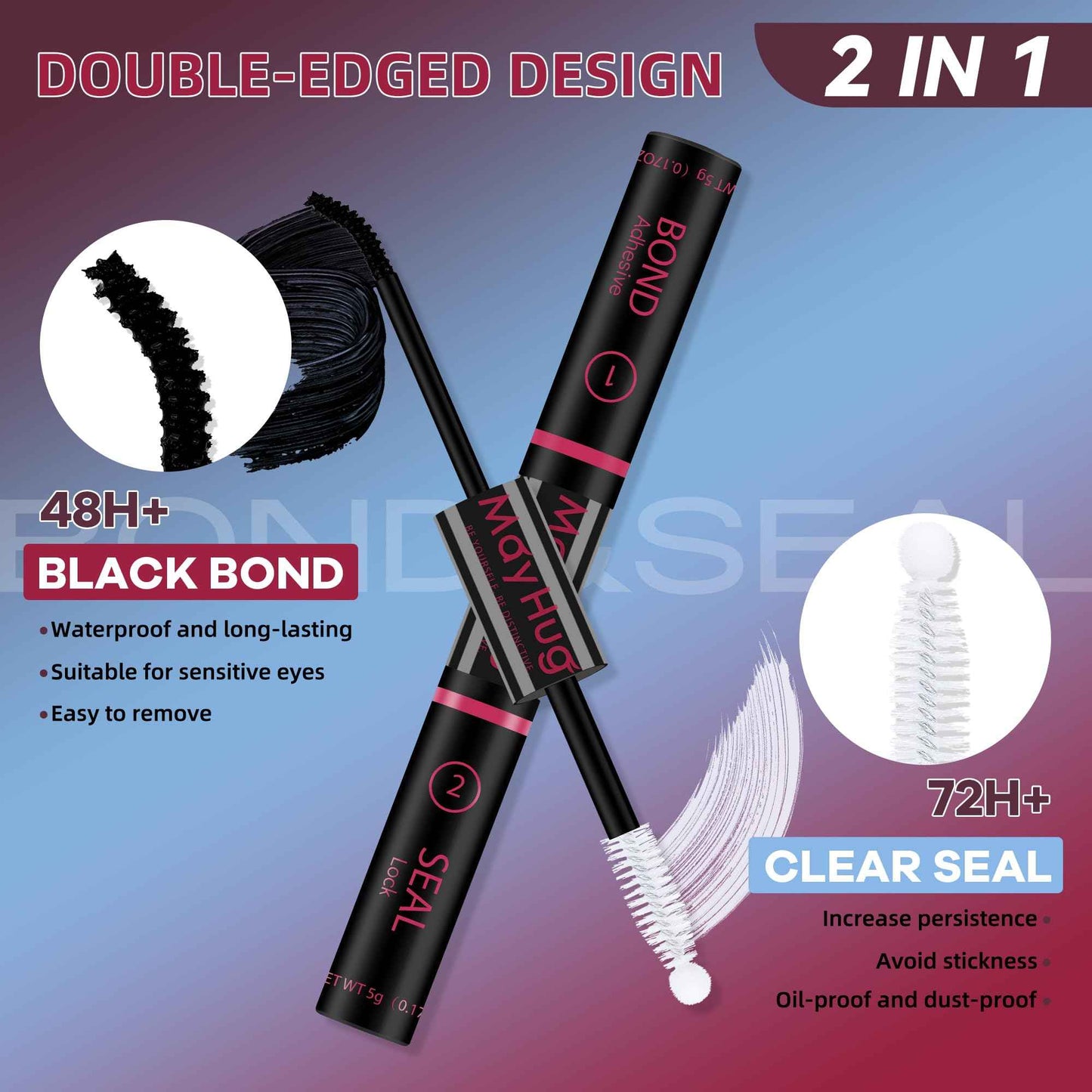 Mayhug Lash Bond and Seal Waterproof Lash Glue Long Lasting 72H Strong Hold Eyelash Glue for Clusters 2 in 1 Adhesive and Sealant DIY Lash Extension (5ml+5ml)