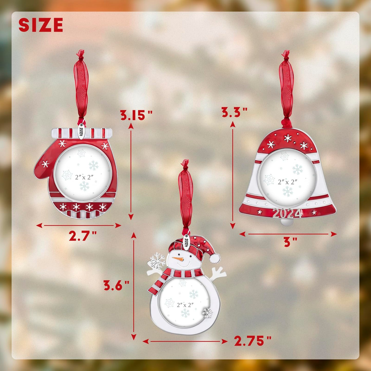 GUOER 3PCS Christmas Tree Ornaments Set Picture Frame Ornament Holiday Keepsake Gift Home Decor Christmas Decorations Xmas Gifts Pendant with 2” Photo Frame Insert (Snowman Set 2024)