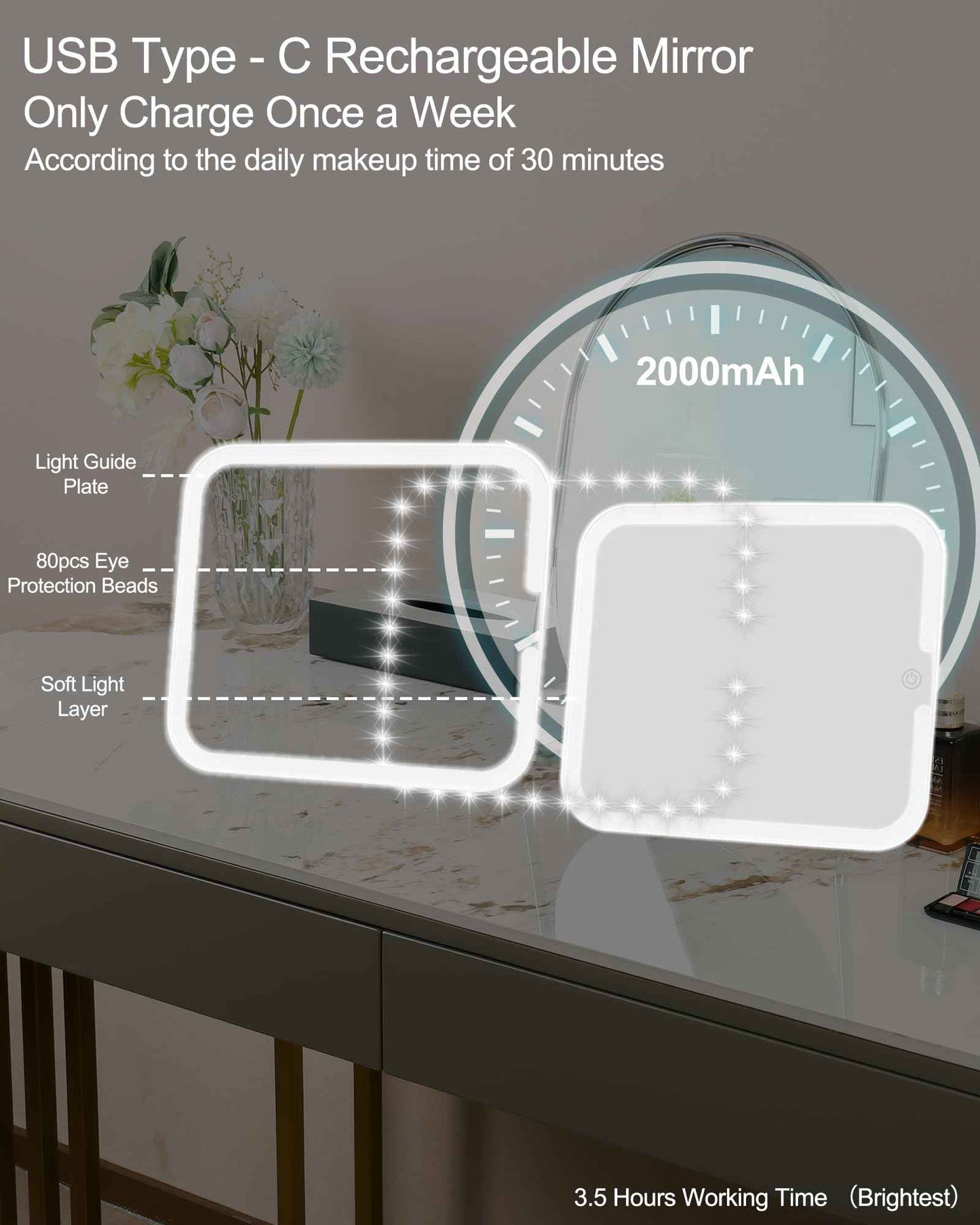 Relavel Makeup Mirror with Lights, LED Replacement for Makeup Bag, 3 Color Lights, Brightness Adjustable, 8.3 x 5.1 Inches