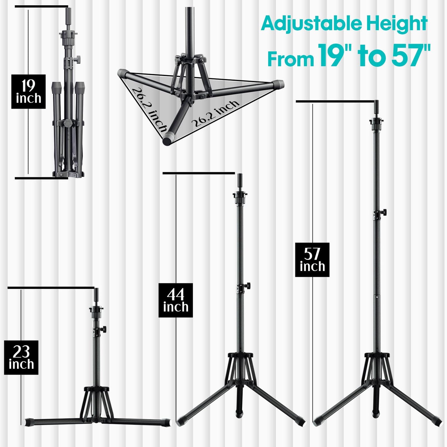 GSOW Wig Stand Tripod - Reinforced Metal Mannequin Head Stand with Tool Tray, Adjustable Height 31" - 57" Wig Head Stand for Styling Cosmetology Hairdressing Training with Wig Caps T-Pins Hair Clips