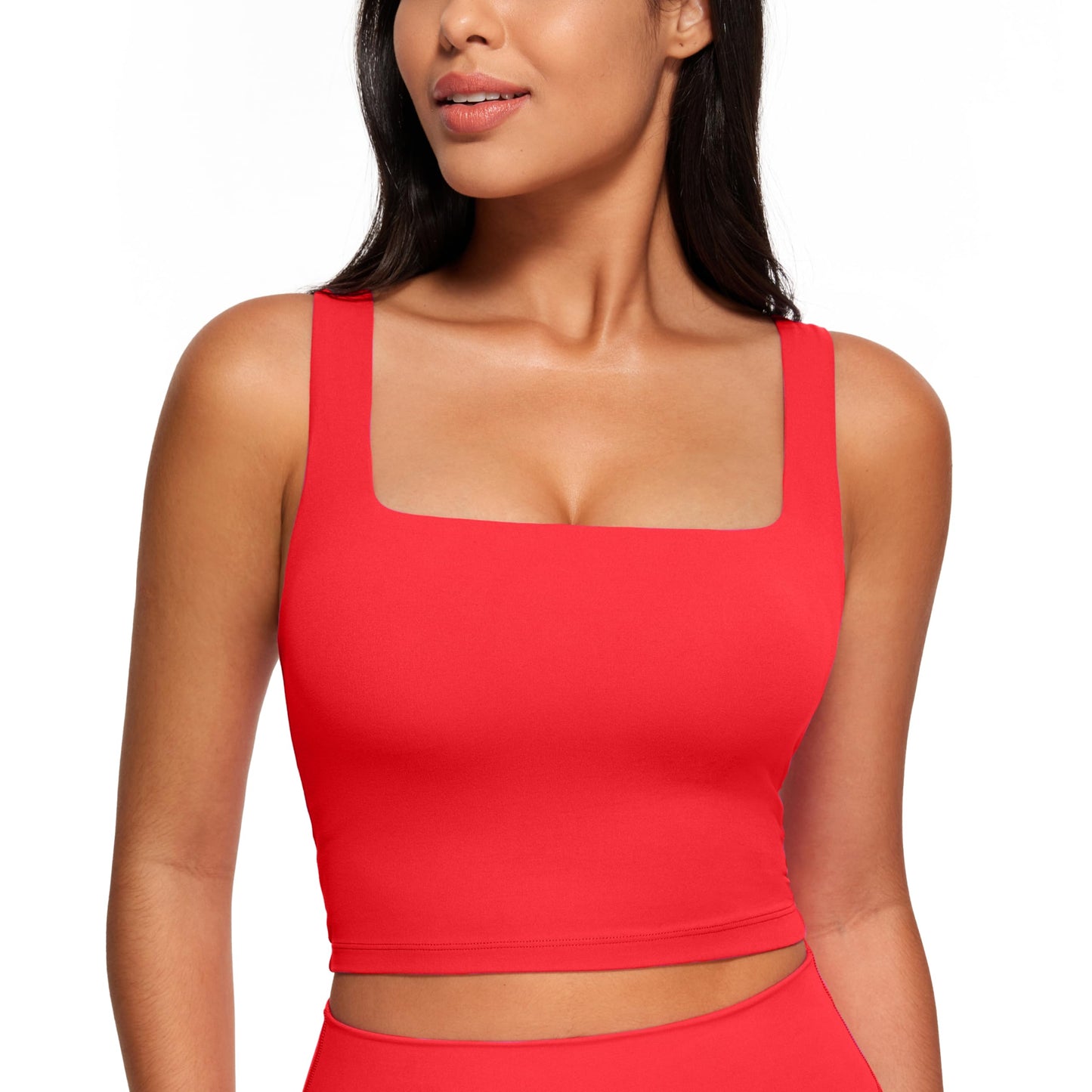 CRZ YOGA Butterluxe Womens Square Neck Longline Sports Bra - Workout Crop Tank Tops Padded with Built in Shelf Yoga Bra Deep Red XX-Small