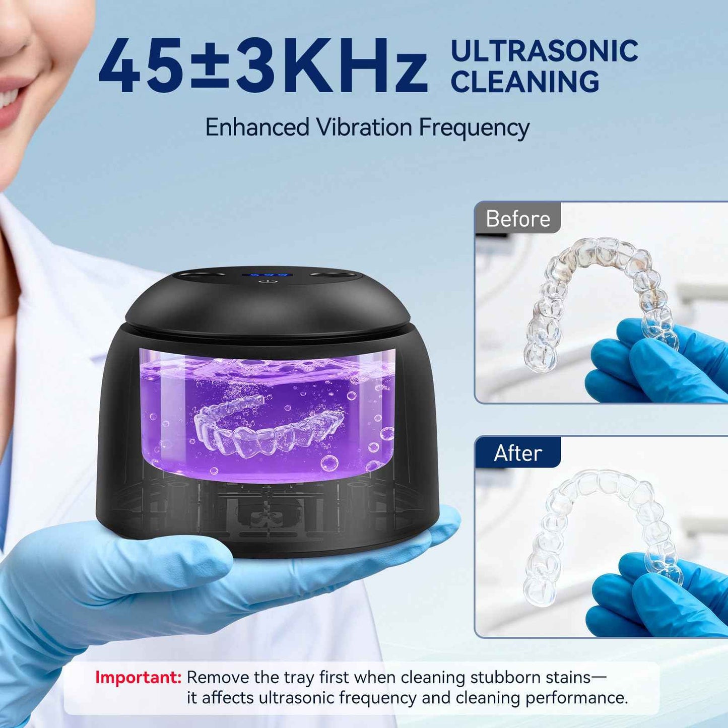 Ultrasonic Retainer Cleaner - 45±3kHz, 3 Modes with Digital Timer, UVC+UVA Lamp,Denture Cleaner Machine, Mouth Guard, IPX6,200ML SUS304 Tank for Aligner, Night Guard Toothbrush (Black)