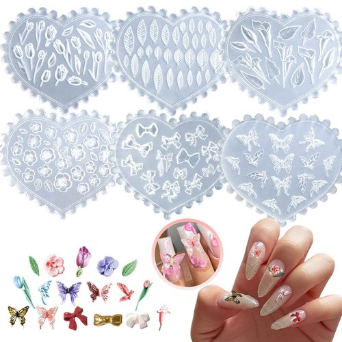 6Pcs 3D Silicone Nail Molds, Flowers Nail Charm Butterfly Nail Art Silicone Mold Spring Flower Nail Charms Resin Molds with 121 Patterns Nail Art for Women Accessories Nail Supplies, Earrings