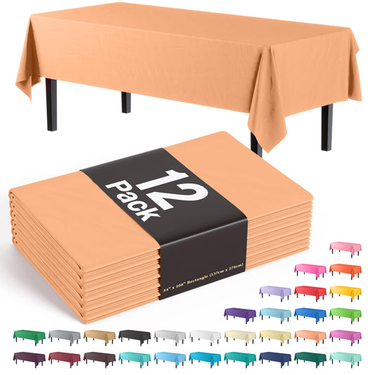 Exquisite 12-Pack Premium Plastic Tablecloth 54in. x 108in. Rectangle Table Cover - Peach