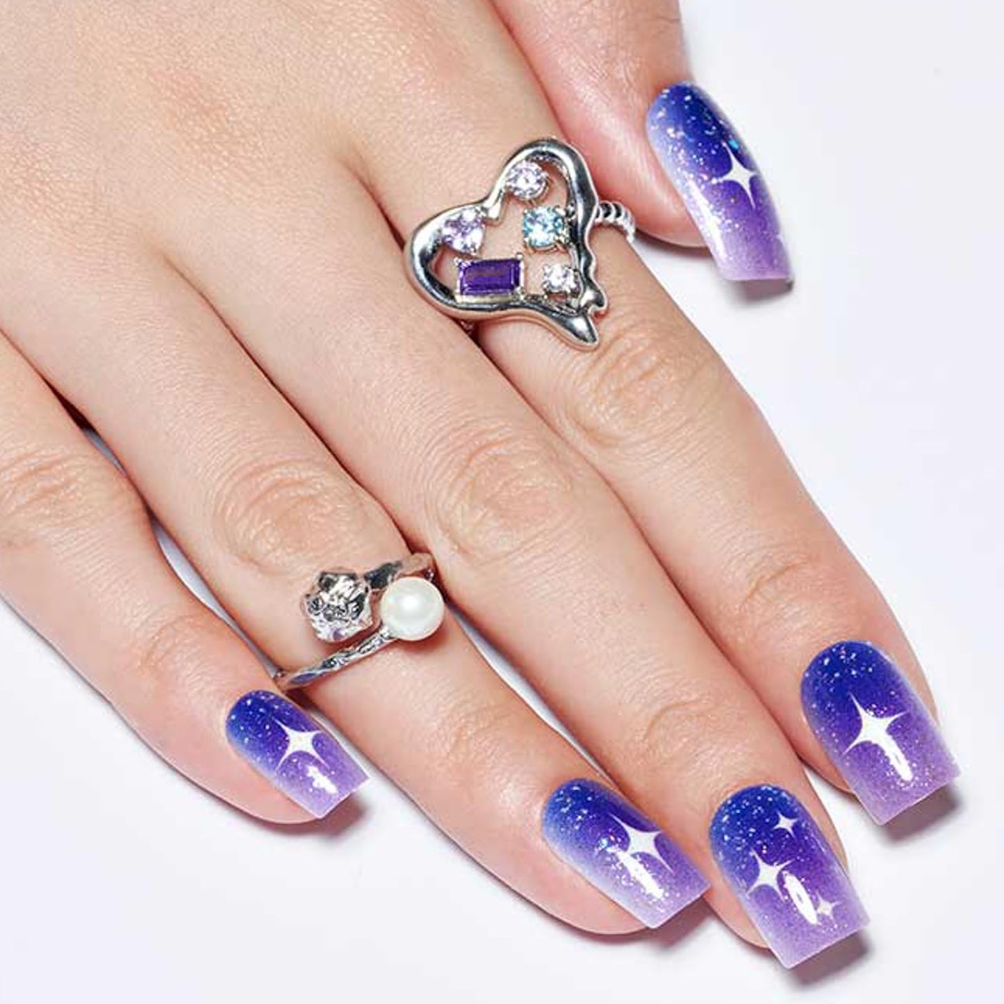 GLAMERMAID Glitter Press on Nails Medium Square, Blue Purple Ombre Jelly Soft Gel Fake Nails Short Square, Flash Star Galaxy Glue on Nails Glitter, Shrimmer Gloss Stick on False Nails Kit for Women