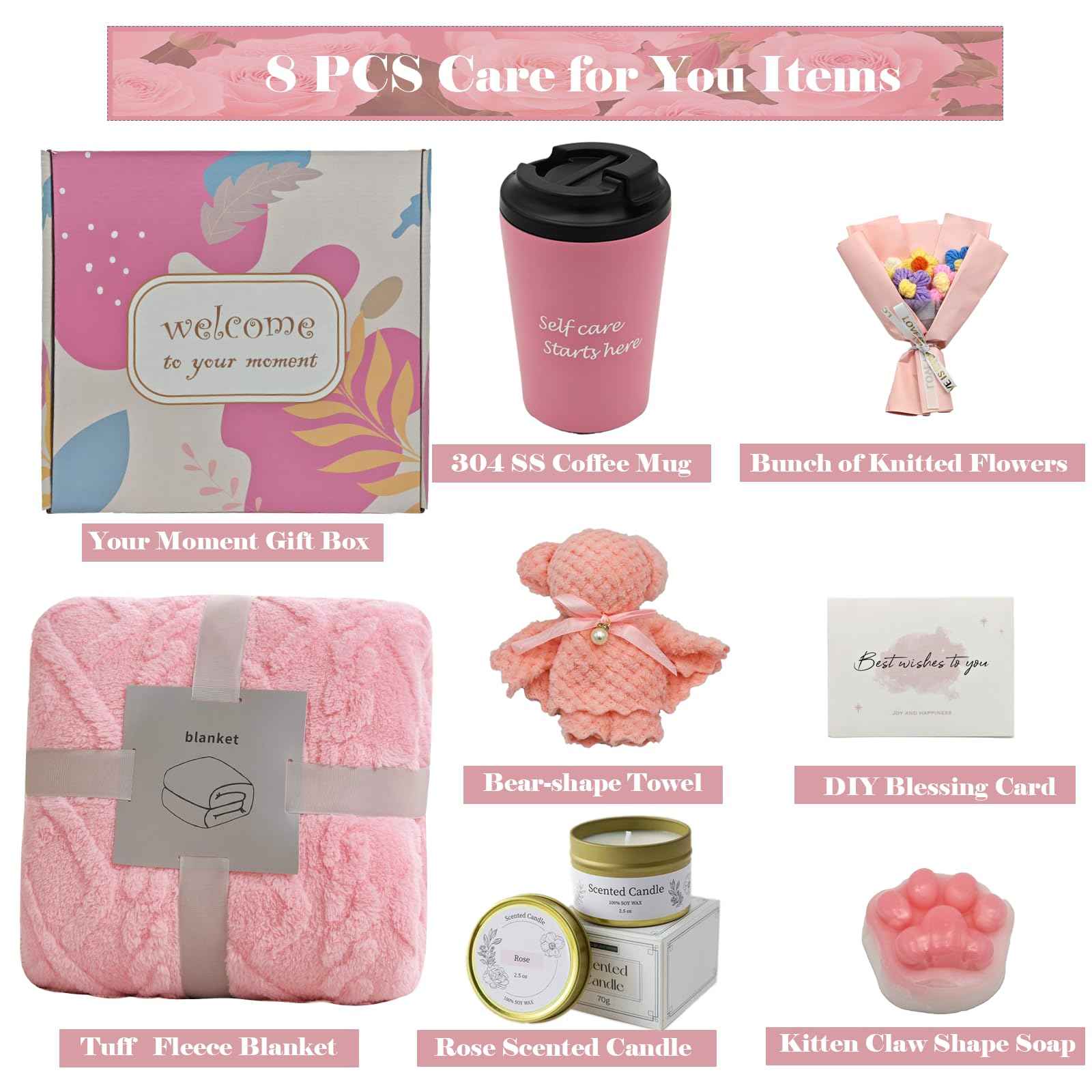 Self Care Gift Set for Women Birthday Christmas Valentine's Day Anniversary Gifts Basket for Her Bestie Girlfriend Daughter Friends Sister with Tuff Blanket, Coffee Mug, Scented Candle etc.