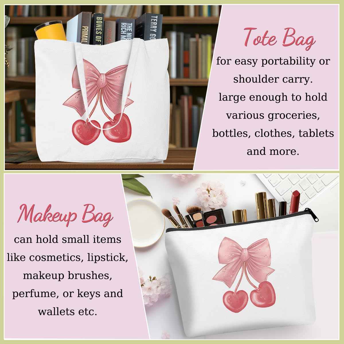 Aesthetic Bow Cherry Canvas Tote Bag Beach Tote Bag for Women with inner Pocket, Cute Bow Lovers Gift for Women Girls Bestie Sister Birthday Christmas Reusable Shopping Grocery Bags with Makeup Bags