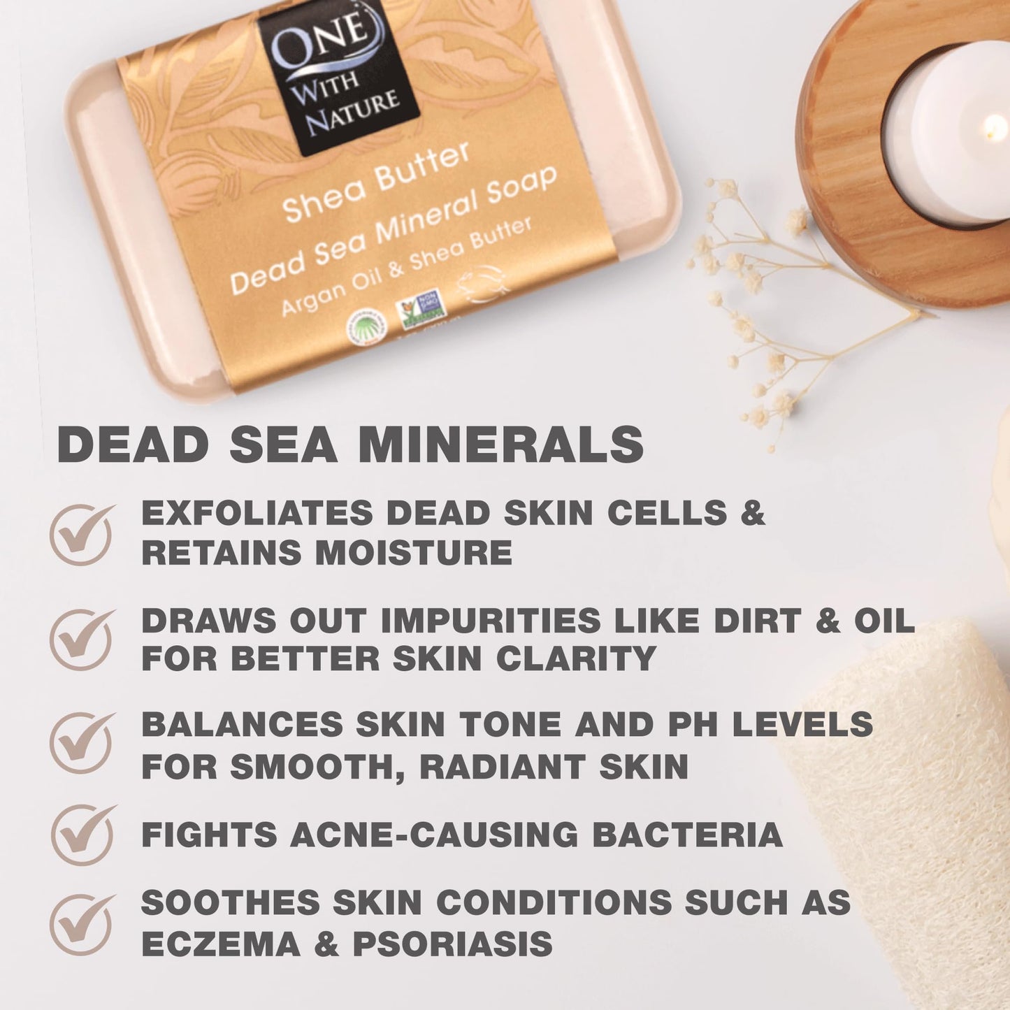 One With Nature Dead Sea Mineral Shea Butter Soap 4oz 3Pack with Argan Oil - Dead Sea Salt Includes Sulfur, Magnesium, and 21 Essential Minerals - 100% Natural, for All Skin Types