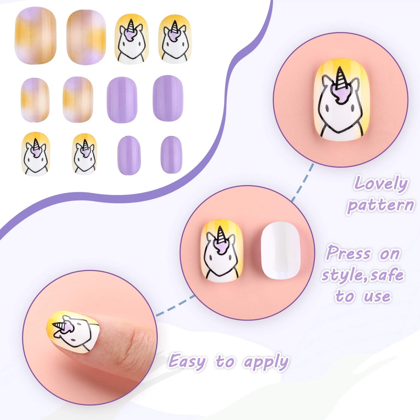 240 Pieces Children False Nails Kids Girls Press on Short Artificial Fake Nails Cute Pre Glue Full Cover Acrylic Nail Tip Kit for Children Little Girls Nail Decoration, 10 Boxes (Unicorn, Rabbit)