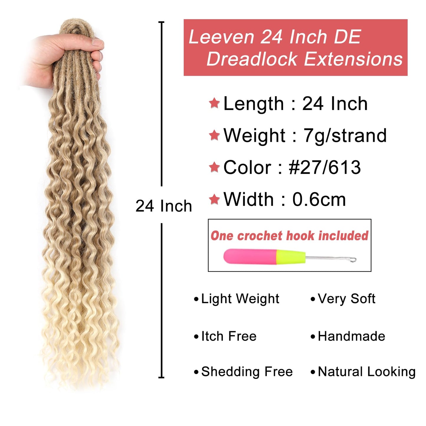 Leeven Curly Double Ended Dreadlock Extensions 24 Inch Ombre Blonde Wavy Dreads 10 Strands Handmade Crochet Wool Dreads Thin Soft Loc Extensions for Women Men