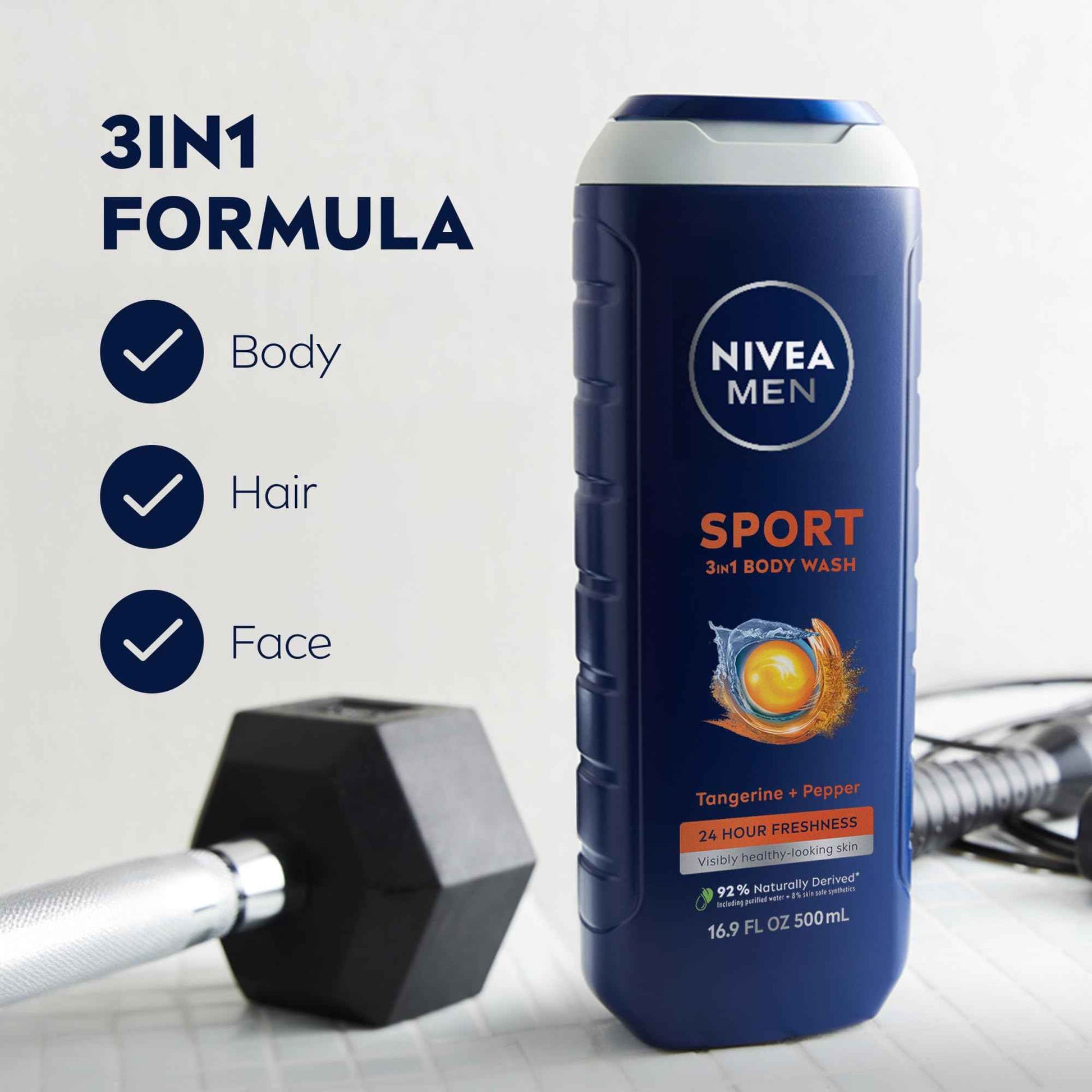 NIVEA Men Sport Body Wash with Revitalizing Minerals, Tangerine and Pepper Scent, 3-in-1 Men's Body Wash, Face and Hair, Paraben Free, Vegan Formula, 16.9 Fl Oz Bottle, Pack of 3